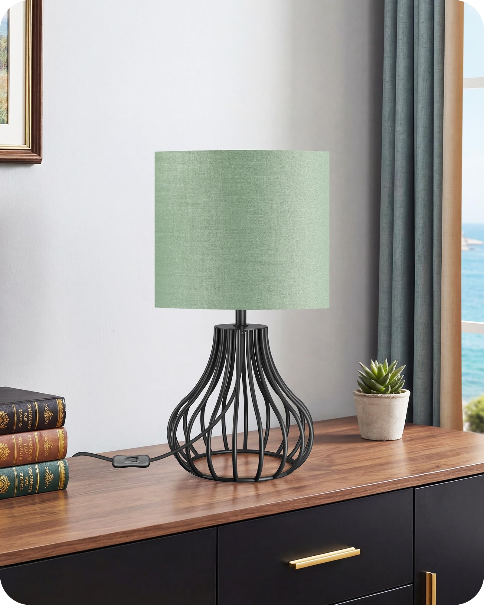 GOEBELSON Bedside Table Lamp, Black Metal Table Lamp with Green Linen Lampshade, Modern Bedside Lamps for Bedroom, Industrial Cute Desk Lamp, 4W 2700K LED Bulb Included ZJ10TLK05