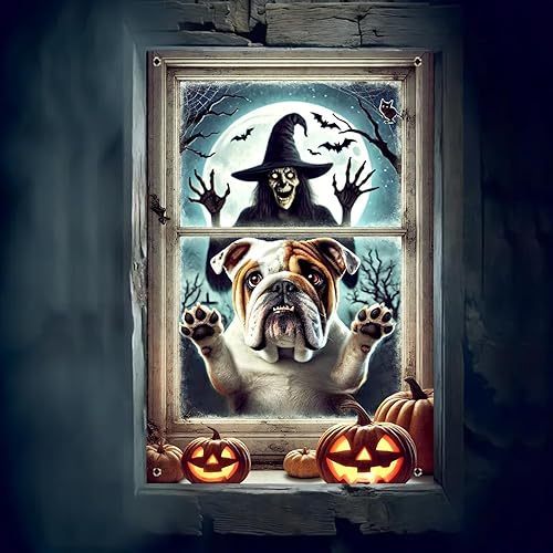Miniatura 4 de Decoración de ventana de Halloween de 31 x 47 pulgadas, cubierta de ventana de Halloween espeluznante Bulldogs esqueleto, pancarta espeluznante de