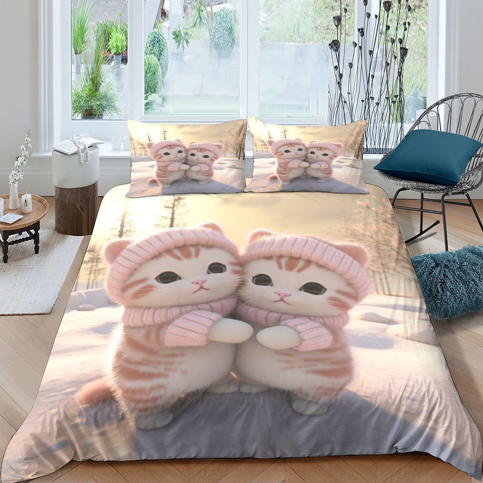 Housse de couette 200x200 chat mignon à fermeture éclair invisible en microfibre thermorégulatrice