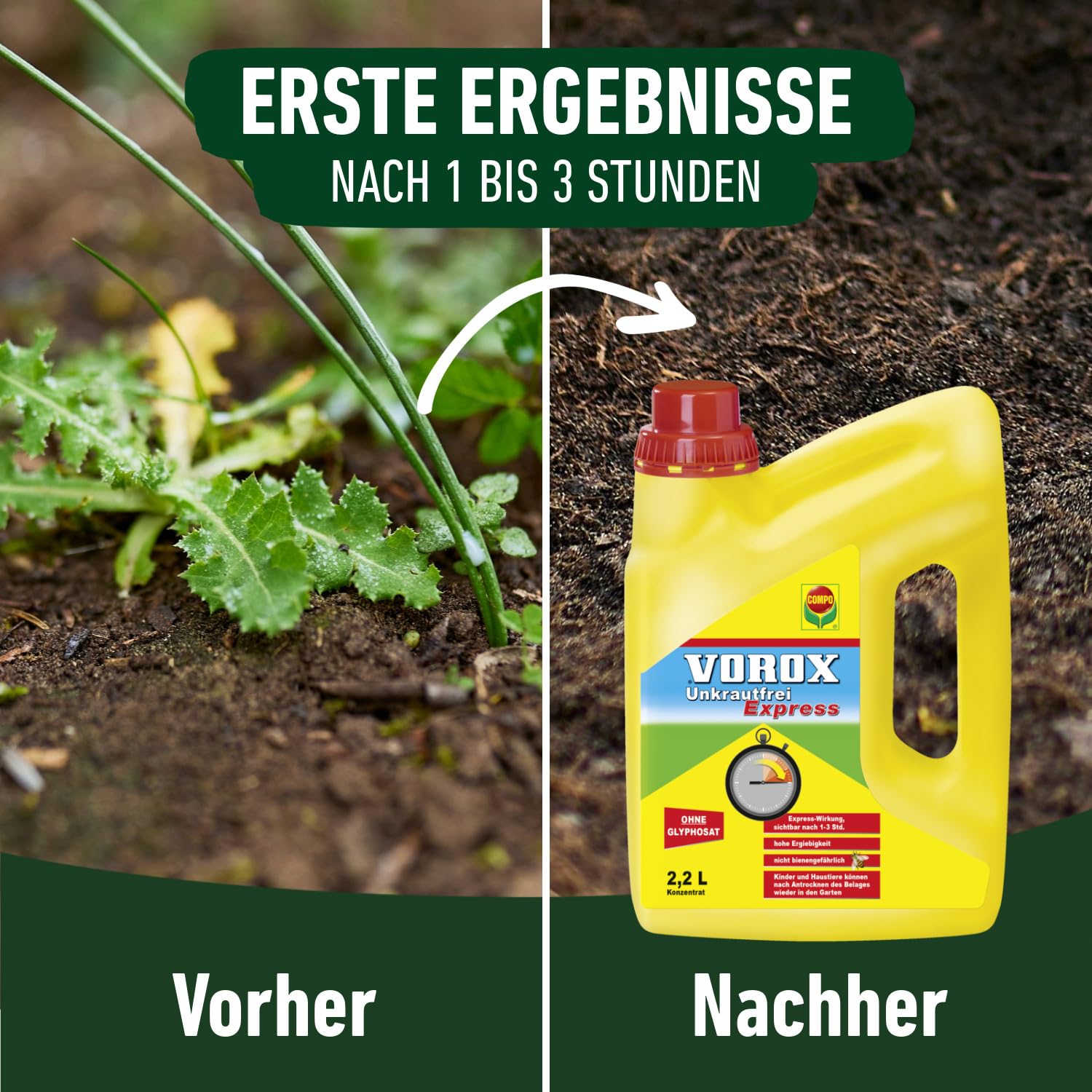VOROX Unkrautfrei Express - Bekämpfung von Unkräutern an Zierpflanzen, Obst und Gemüse, wirkt gegen Algen, Moos und mehr als 50 Unkräuter - 2,2L Konzentrat - 4,85 Pfund