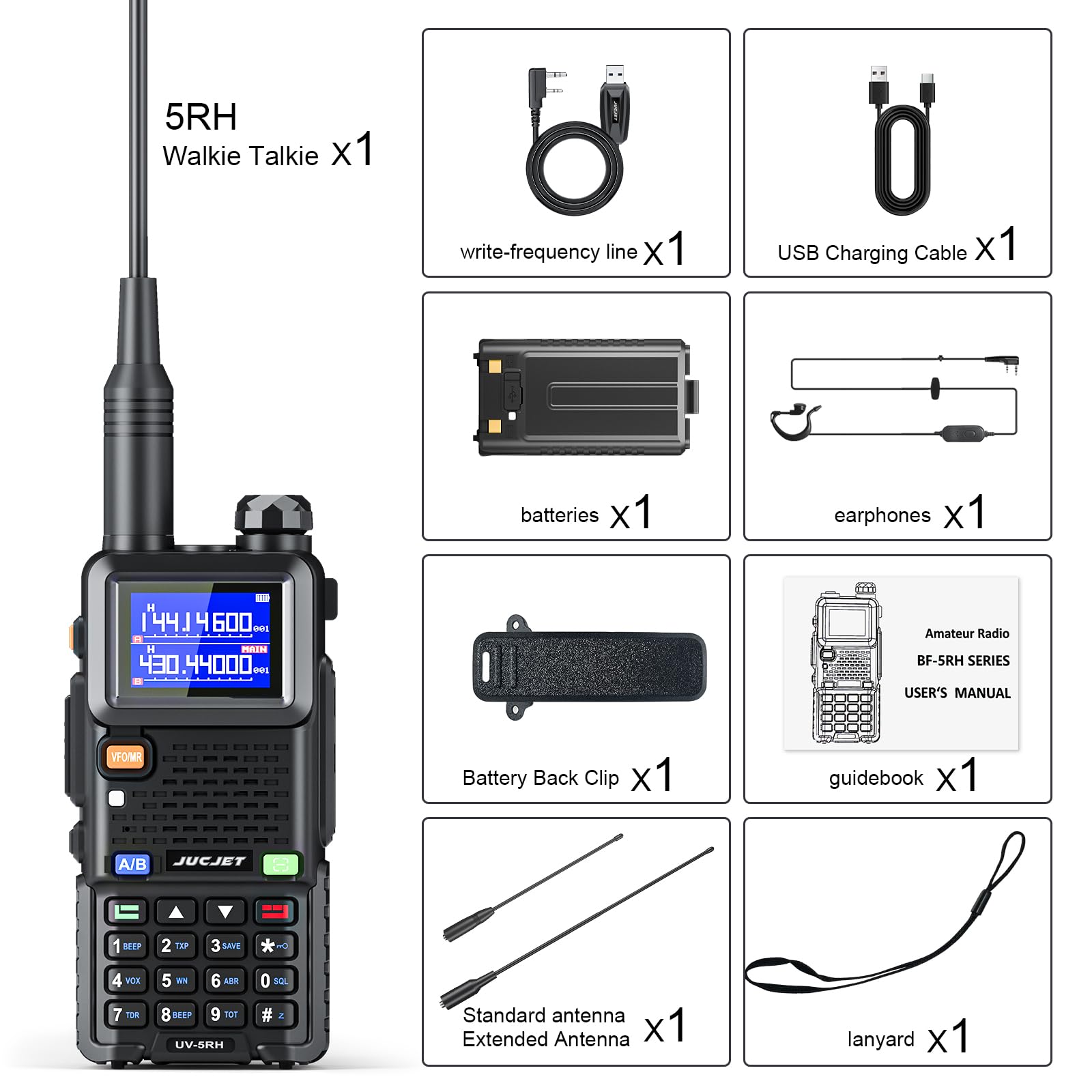 UV-5RH Talkies-Walkies Haute Performance Longue portée pour Adultes, autonomie de 2500 mAh, 999 canaux, antenne à Gain élevé, Lampe Torche, Station de Recharge USB (Lot de 1)