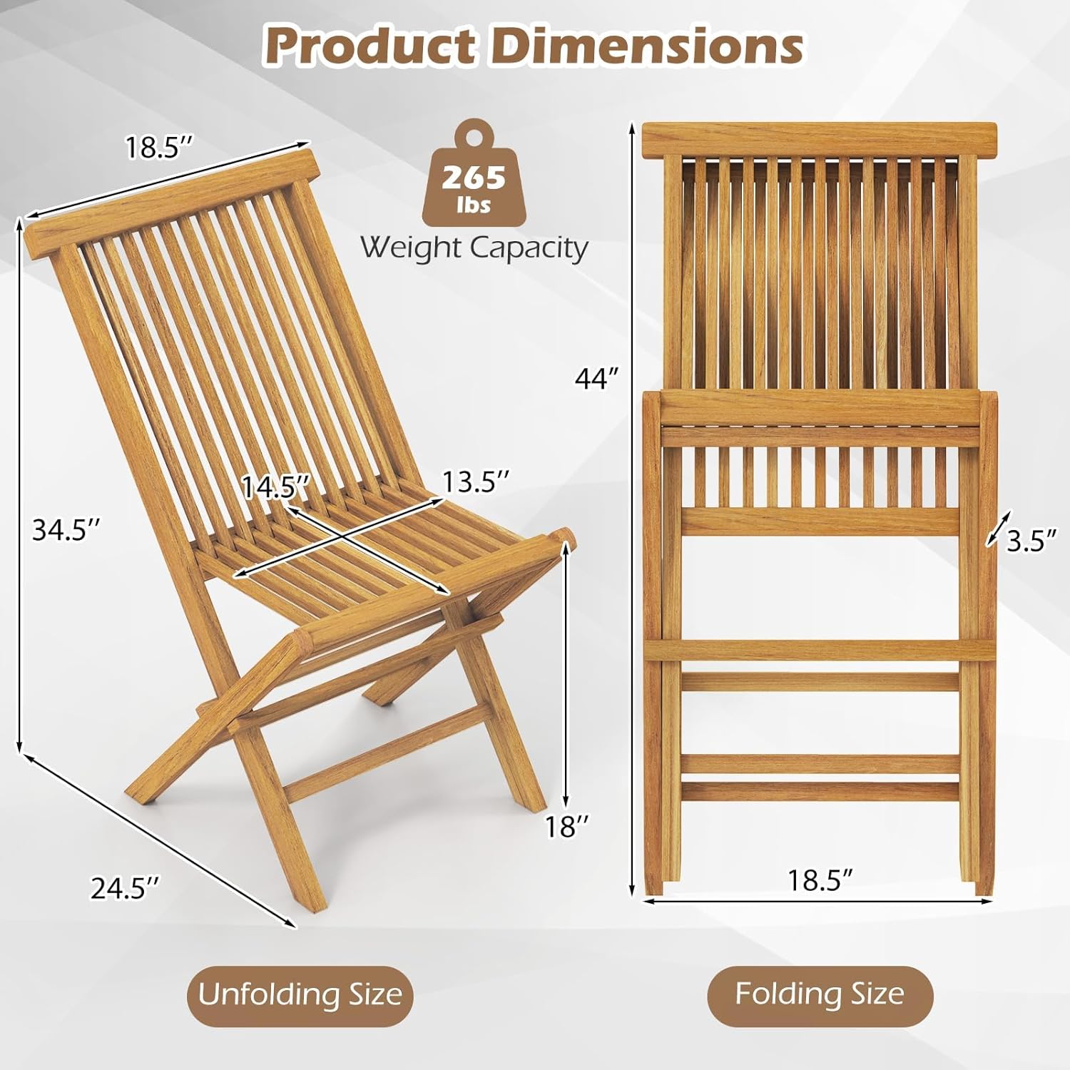 HAPPYGRILL Teak Wood Folding Chairs Set of 4, Patio Chairs with Slatted Seat & Backrest, No Assembly Needed, Space-Saving Foldable Outdoor Dining Chair for Poolside, Yard, Balcony