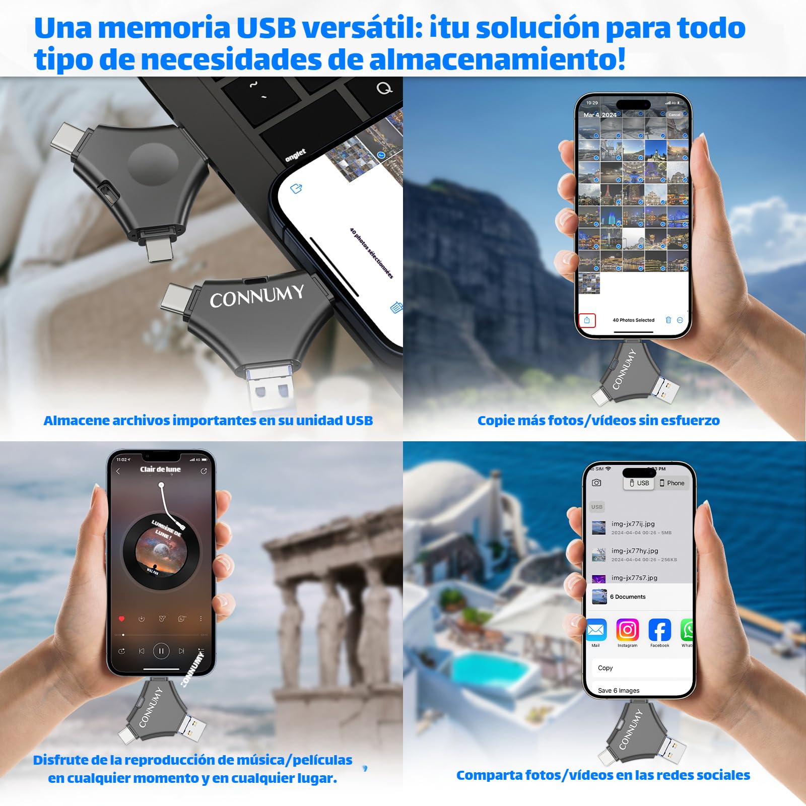 Pendrive 256GB para iPhone,Memoria Externa para iPhone/Pad/Android/PC,4 en 1 Memoria USB Copia de Seguridad de Fotos/Vídeos Sin Aplicación.