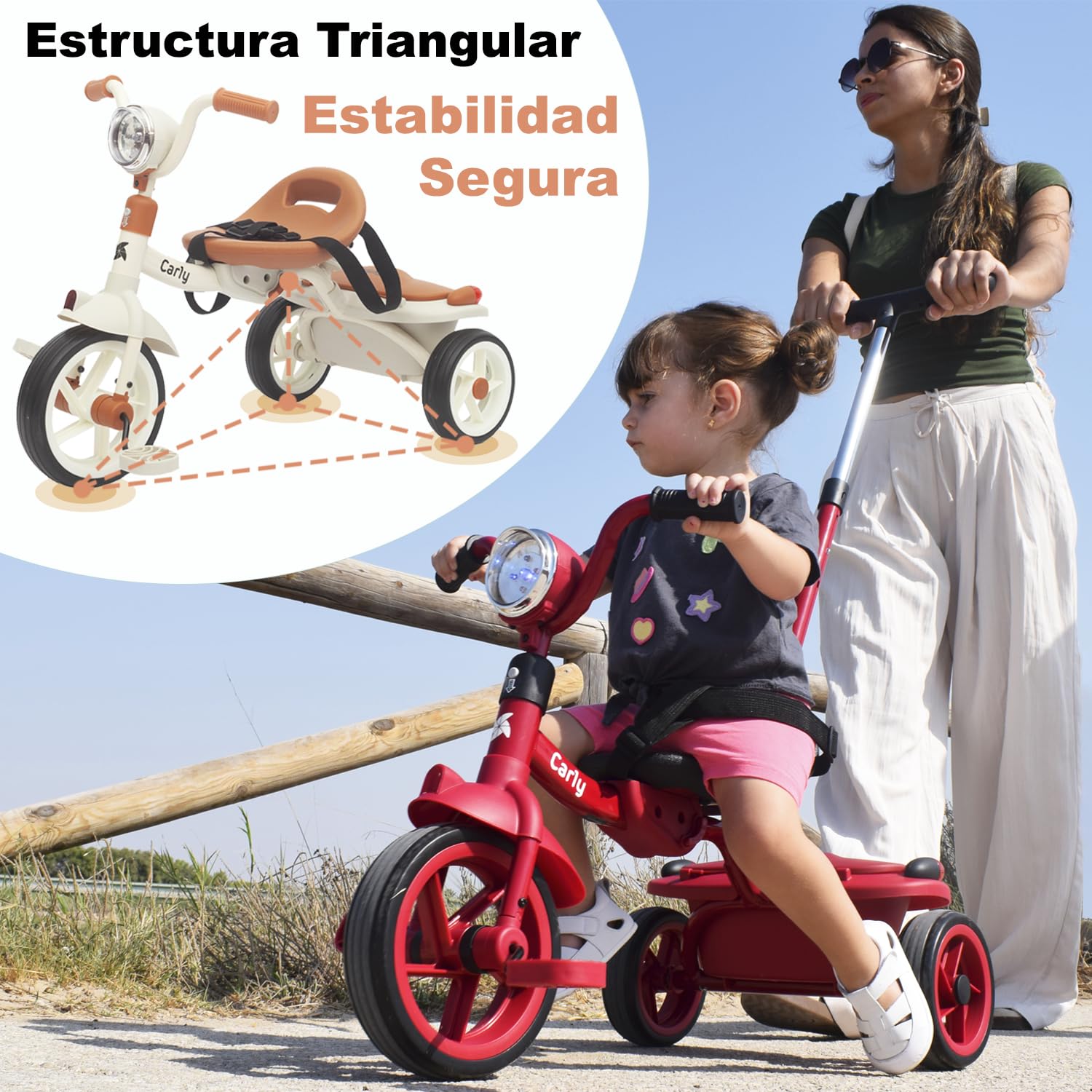 Twinly Triciclo Evolutivo Plegable Carly, Blanco, 1-5 Años | Ligero y Compacto, Manillar con Luz y Sonido, Cesta Incluida, Barra de Empuje Ajustable