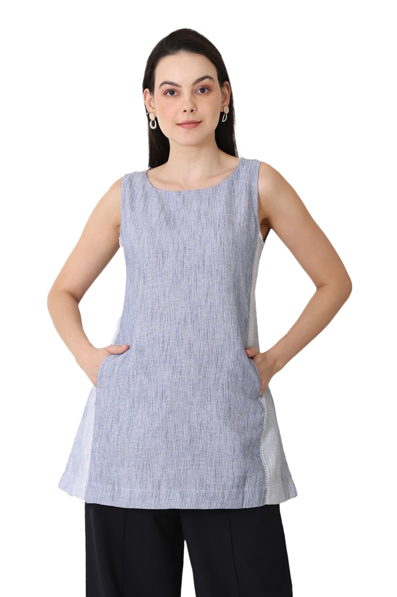 w for woman White Yarn-Dyed Cotton Blend Mandarin Collar Top-picture-31