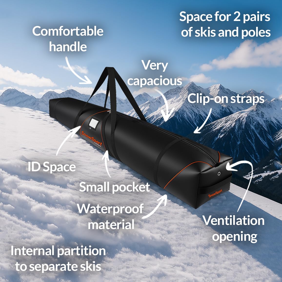 Prestige PRO Double Ski Bag – Borsa da sci per 2 paia + bastoni + accessori da sci IMBOTTITA – ideale per viaggi sciistici in aereo, autobus, treno, auto con cinghie di compressione e