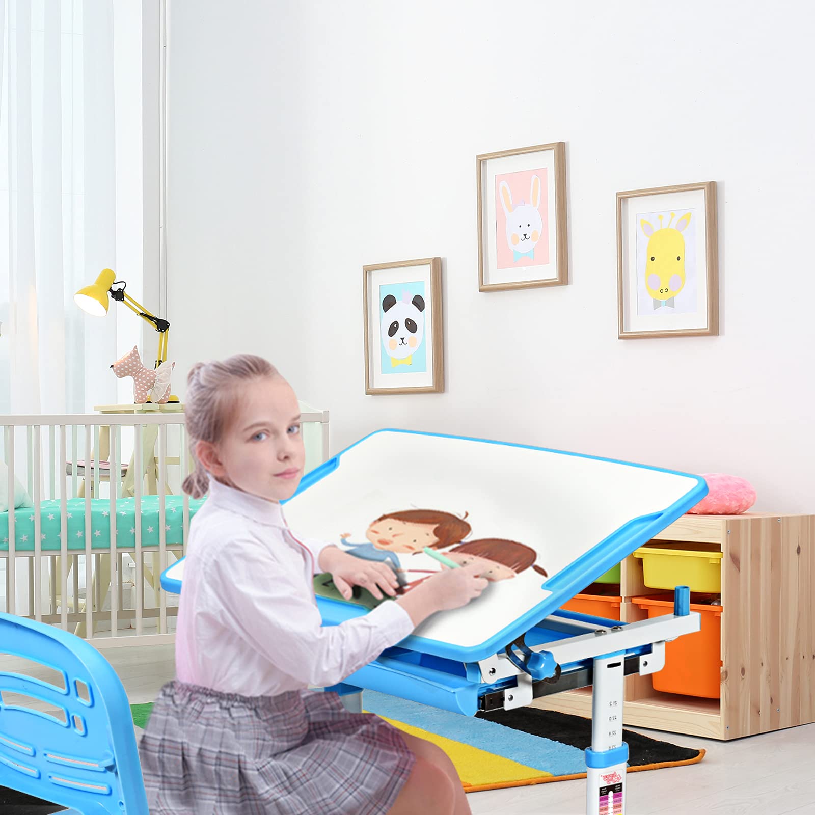 Scrivania Per Bambini Con Sedia Regolabile - Piano Inclinabile, Supporto Libri, Cassetto, Blu