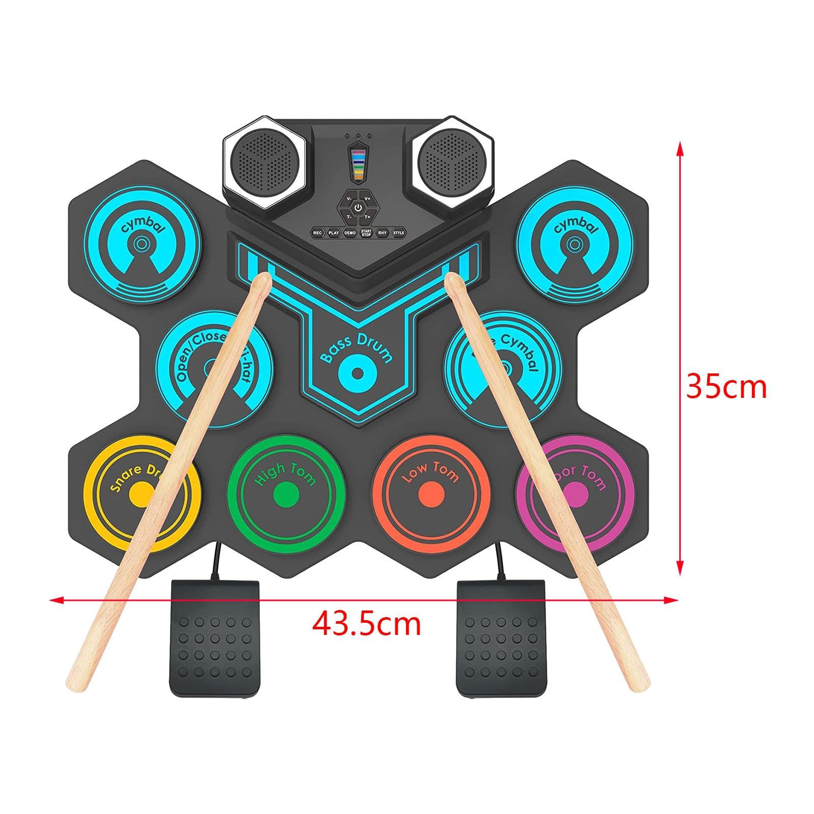 Batería Electrónica Portátil Enrollable con Multi Pads Set de Batería para Mesa Instrumento Musical Silencioso con Altavoces Y Pedales Incluidos, Vistoso
