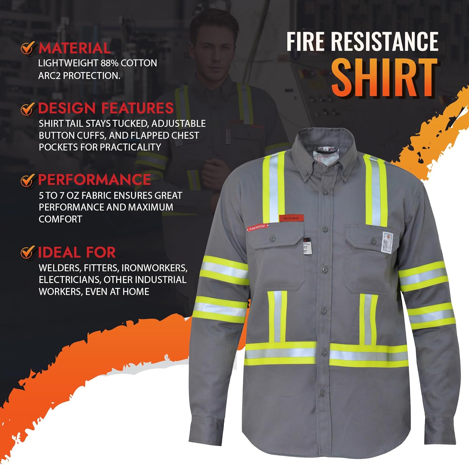 Small FR Shirt for Men Cat-2 Flame Resistant Shirt with High Visibility Reflective Tapes ATPV 8.7 Cal NFPA 70E Compliant - Image 3
