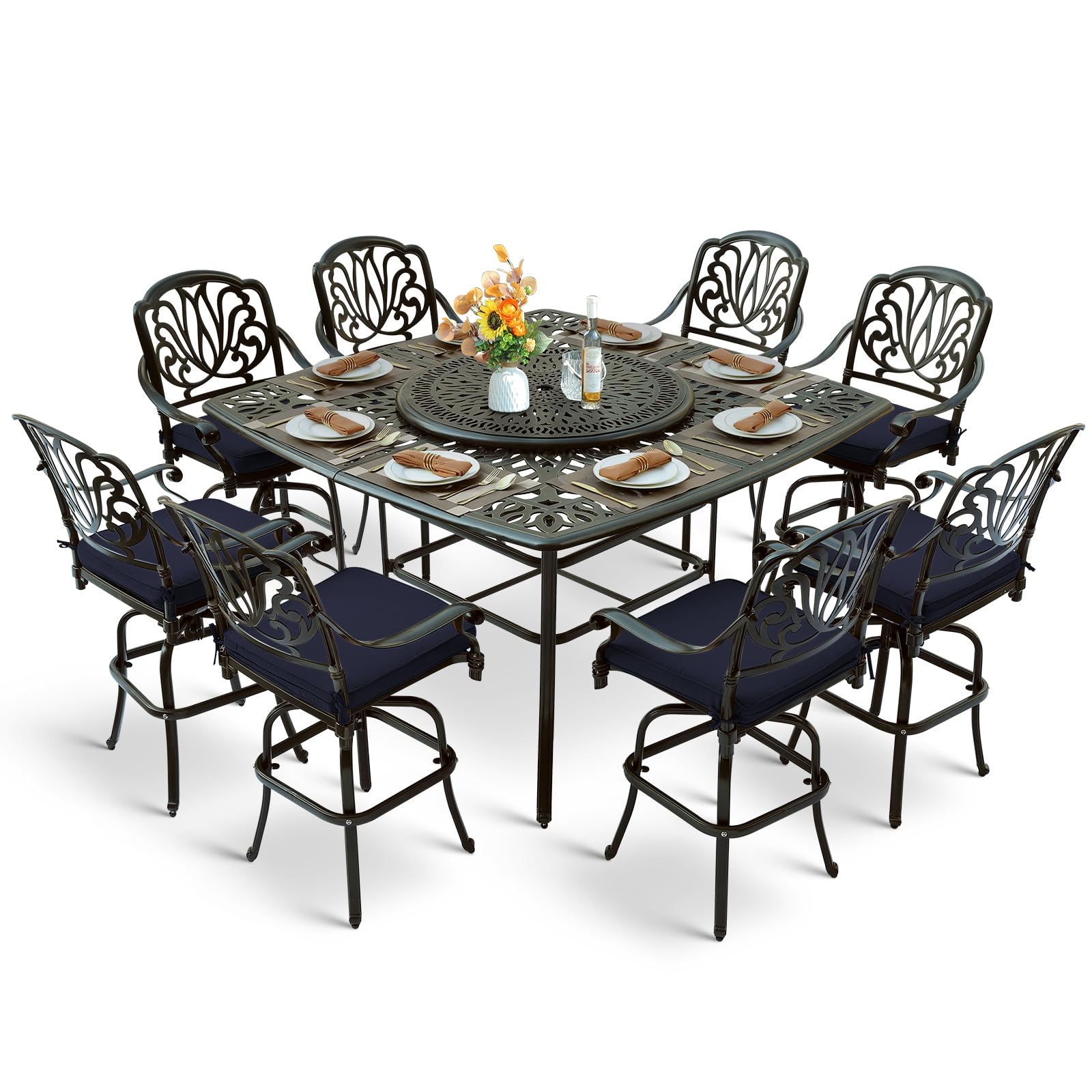 MEETWARM 10-Piece Outdoor Bar Set, All Weather Cast Aluminum Patio Bar Furniture with 8 Cushioned Swivel Bar Stools, Large 64" Square Patio Bar Height Table with Detachable Lazy Susan, Umbrella Hole