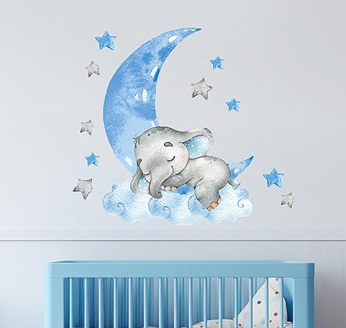 Miniatura 7 de Lindas calcomanías de pared de elefante con luna de nube azul y estrellas, calcomanías de pared para habitación de niños, decoración de guardería,