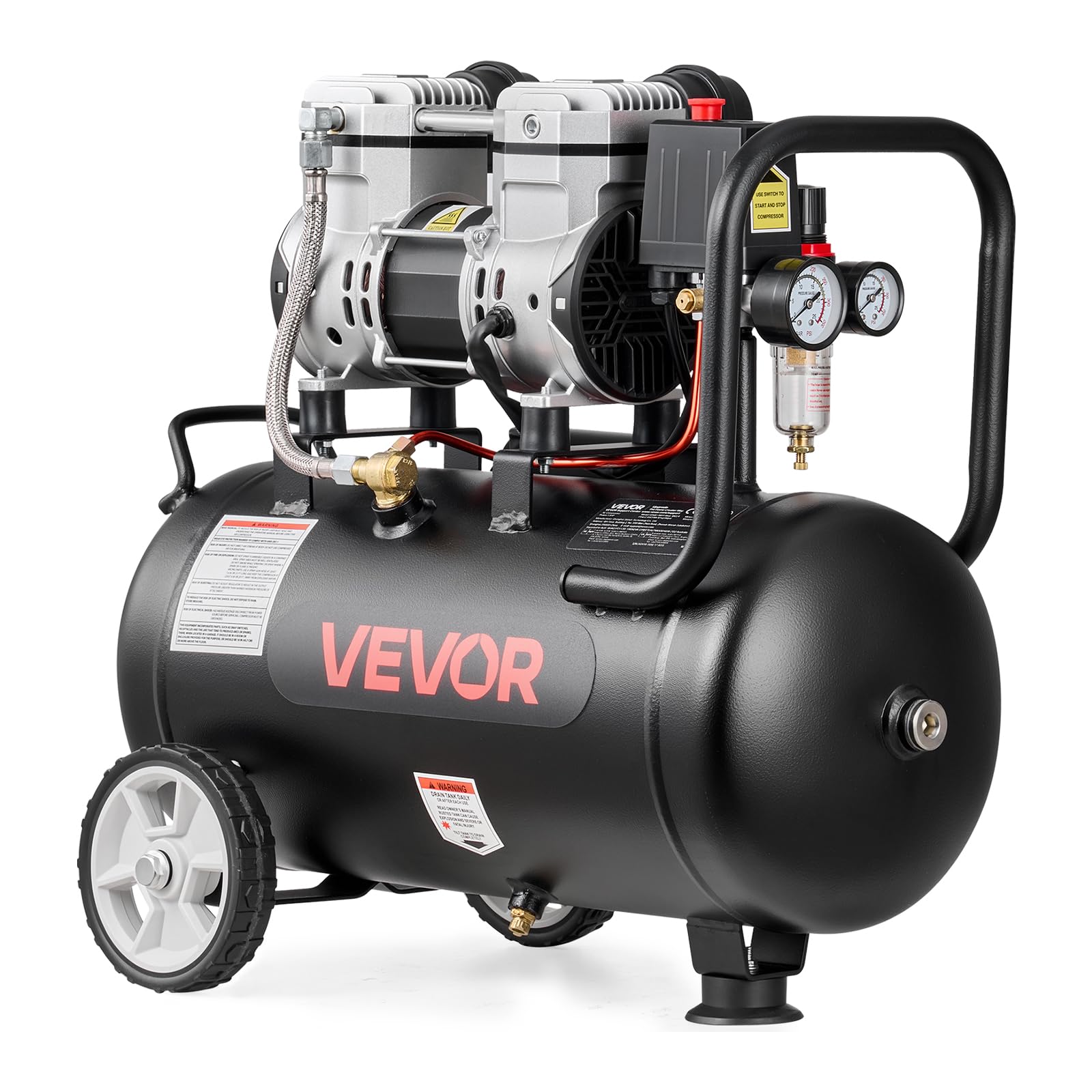 VEVOR Sprężarka sprężonego powietrza 1,1 kW, bezolejowa sprężarka ze zbiornikiem powietrza 24 l, 68 l/min przy 6,2 bar i maks. 8 bar, przenośna sprężarka powietrza z kółkami i uchwytem do warsztatu