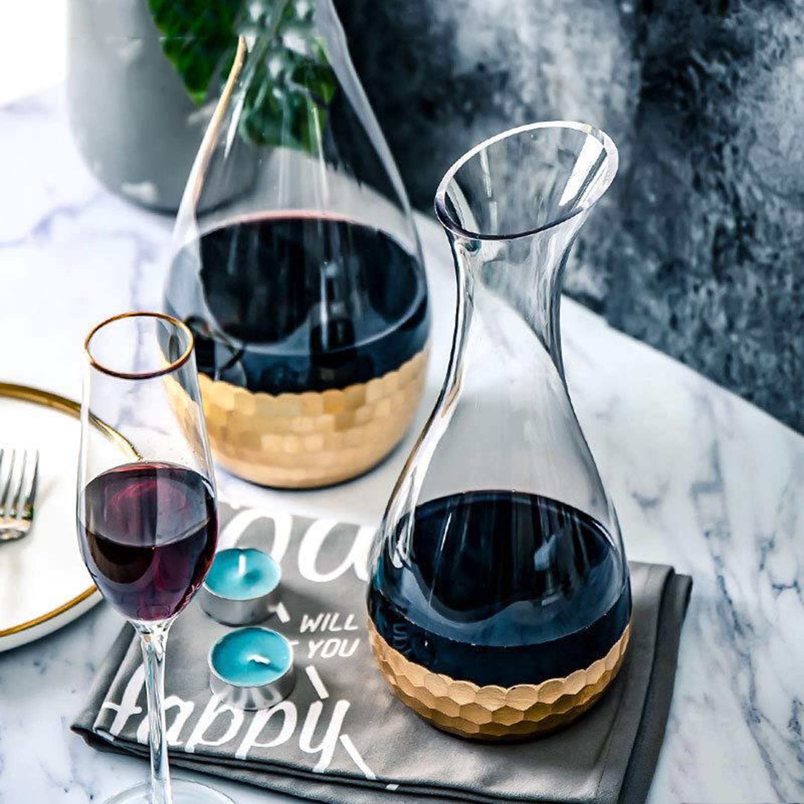 -Decanter Jarra, Decantador de vino, Decantador chapado en oro, Juego de jarras de cristal sin plomo, Dispensador de vino Golden Home (Grande, Pequeño), Grande