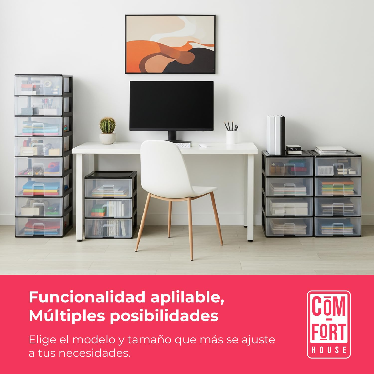 COM-FORT HOUSE | Cassettiera impilabile in plastica | Modello Trasparente | Colore nero | Modello a 4 cassetti | Cassetti modulari