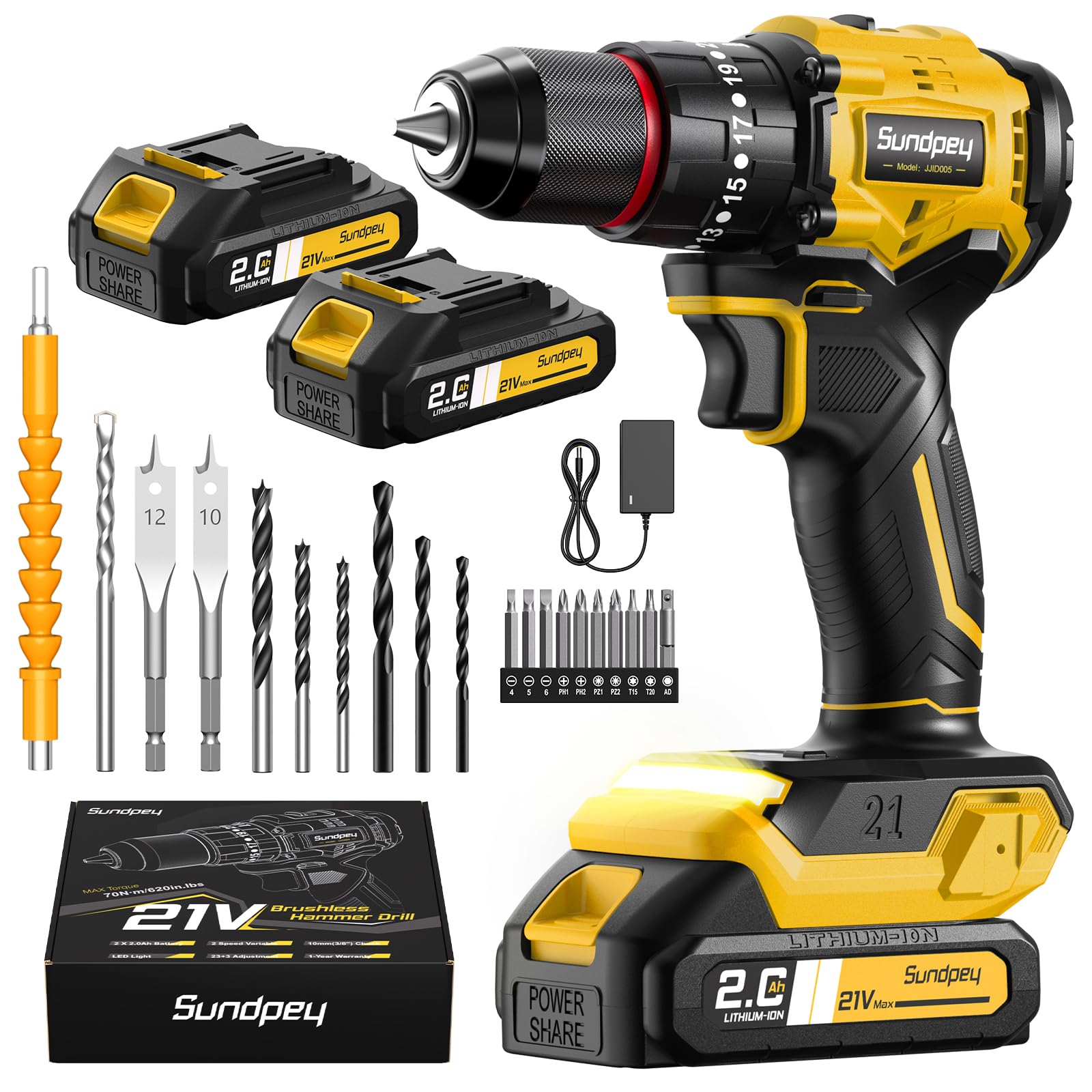 Sundpey Perceuse Visseuse Sans Fil 21V - Max 70Nm Perceuse à Percussion Brushless avec 2 Batteries 2.0Ah, 23+3 Réglages de Couple, Mandrin 10mm, LED, 2 Vitesses Visseuse Devisseuse Sans Fil Bricolage