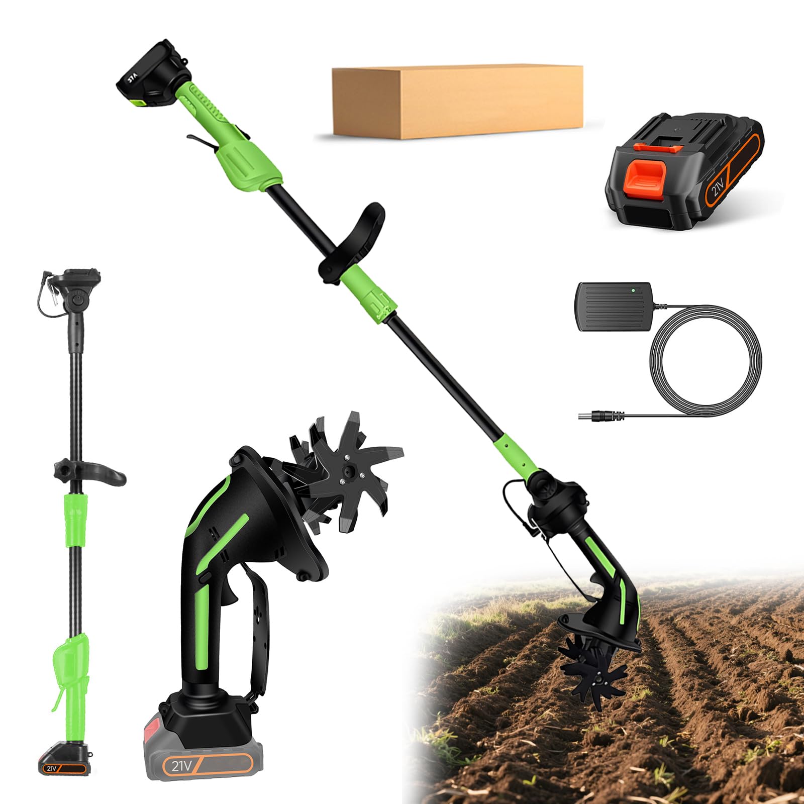 Electric Garden Rotavator,Versatile for Soil Loosening and Weeding,Cordless Tiller Cultivator with Batteries & Long Pole,10cm Tilling Depth and 10cm Working Width Rotavator (1Battery+Extension rod)