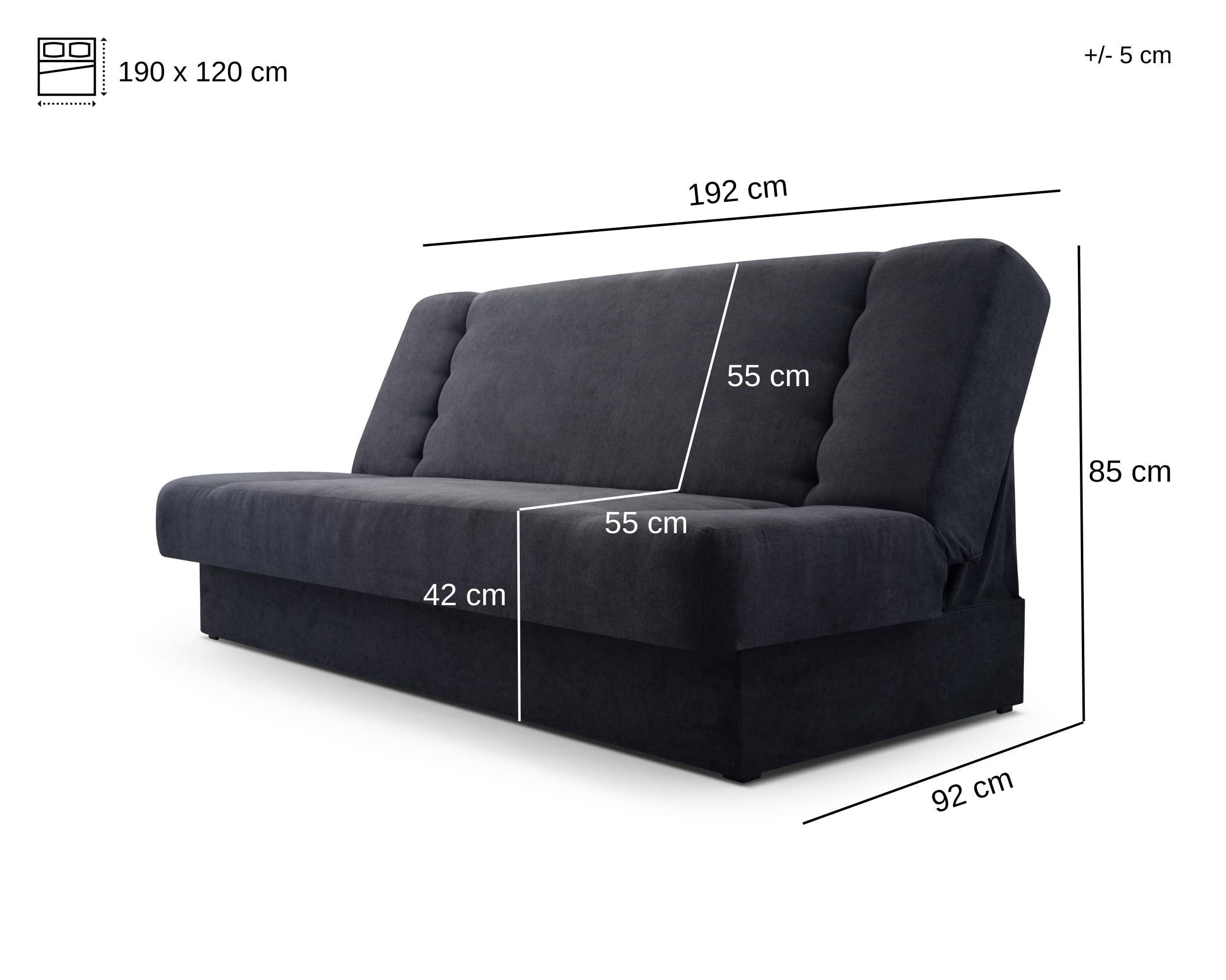 E-MEUBLES Canapé Convertible 3 Places avec Coffre – Clic-Clac avec Rangement | Banquette Lit BZ 2 Places – Sofa Bed en Tissu – Cyprus (Anthracite)