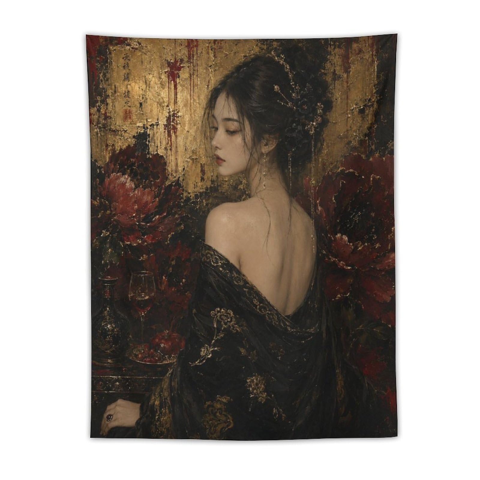 W7C8U2X3 Red Poppy Woman Oil Style Wall Tapestry, Poppy Flower Portrait