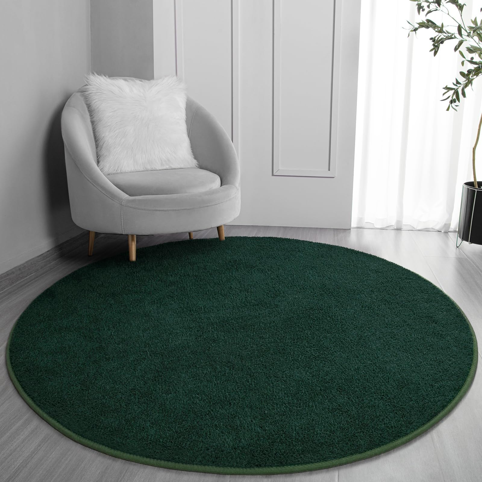 FlyDOIT Round Area Rugs for Bedroom Living Room, 5x5 Dark Green Super Soft Comfy Thickened Memory-Foam Indoor Circle Carpet, Modern Aesthetic