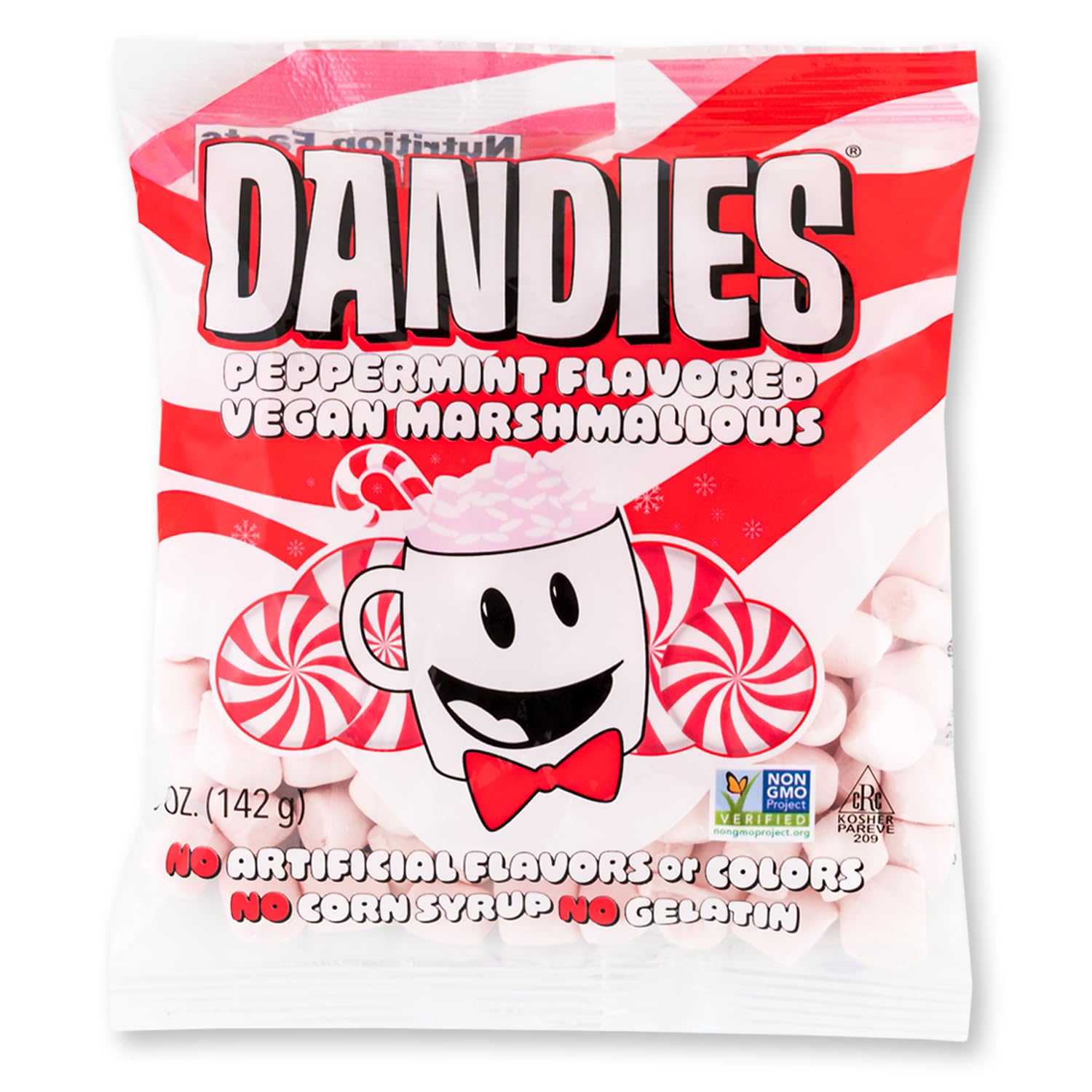 Dandies Minis All Natural Mini Peppermint Vegan Marshmallows,142g vegan mini marshmallows with peppermint flavour, without artificial flavours, without gelatine, gluten-free and free from allergens