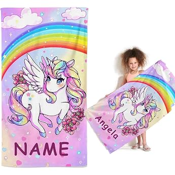 KIDSLOVE Personalised Unicorn Beach Towel with Name Cartoon Unicorn Towel with Name Bath Towel for Boys Microfibre Beach Towel Large 90 x 180 cm Bath Towel for Beach 80 x 150 cm 1