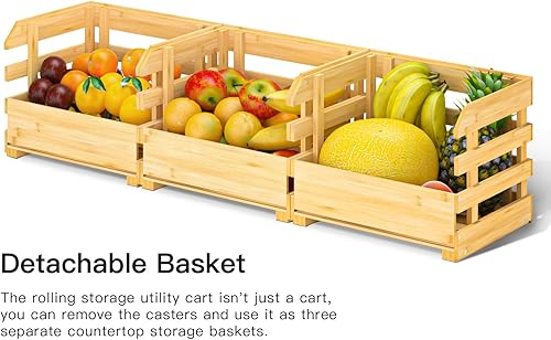 Miniatura 5 de Cesta de frutas para encimera de cocina, cesta de frutas desmontable grande de 3 niveles de bambú para almacenamiento de frutas y verduras,