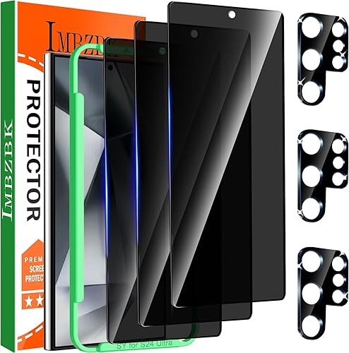 IMBZBK Paquete de 3 protectores de pantalla de privacidad para Samsung Galaxy S24 Ultra de vidrio templado, paquete de 3 protectores de lente de