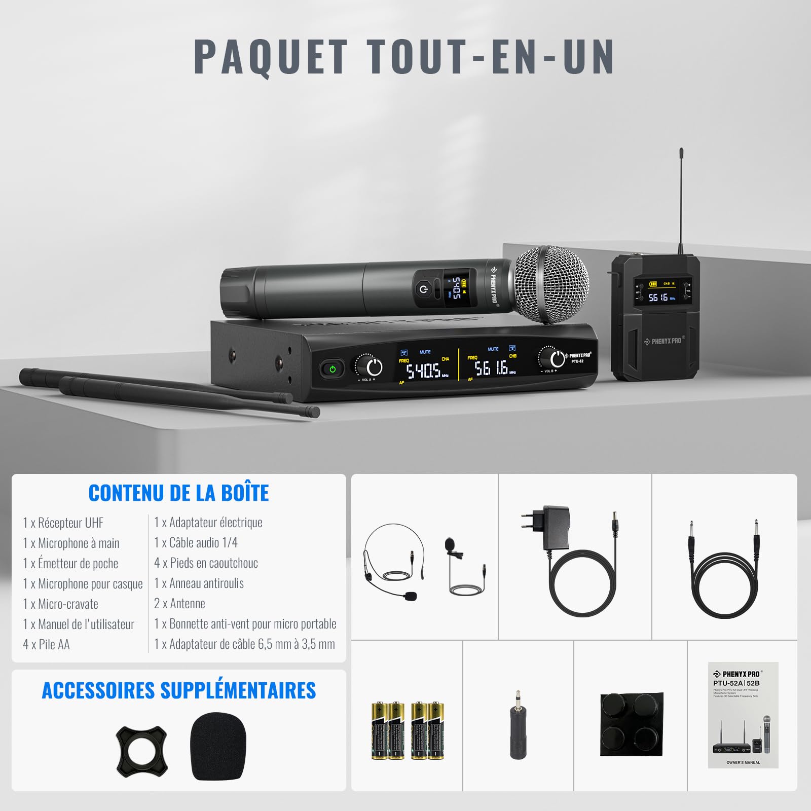Phenyx Pro Système de Microphones sans Fil UHF Dual PTU-52-1H1B