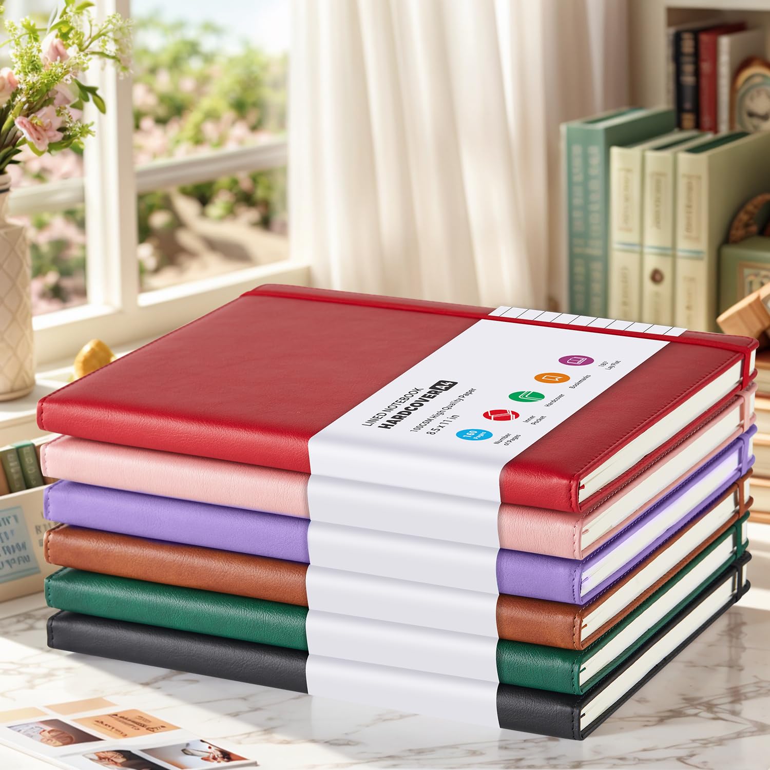 FOCUS DAY Taccuino A4 con copertina rigida, (2 pezzi), formato A4, per donne e uomini, per scrivere, formato A4 (21,5 x 28 cm), con carta a righe da 100 g/m², portapenne, copertina in pelle PU, blu e