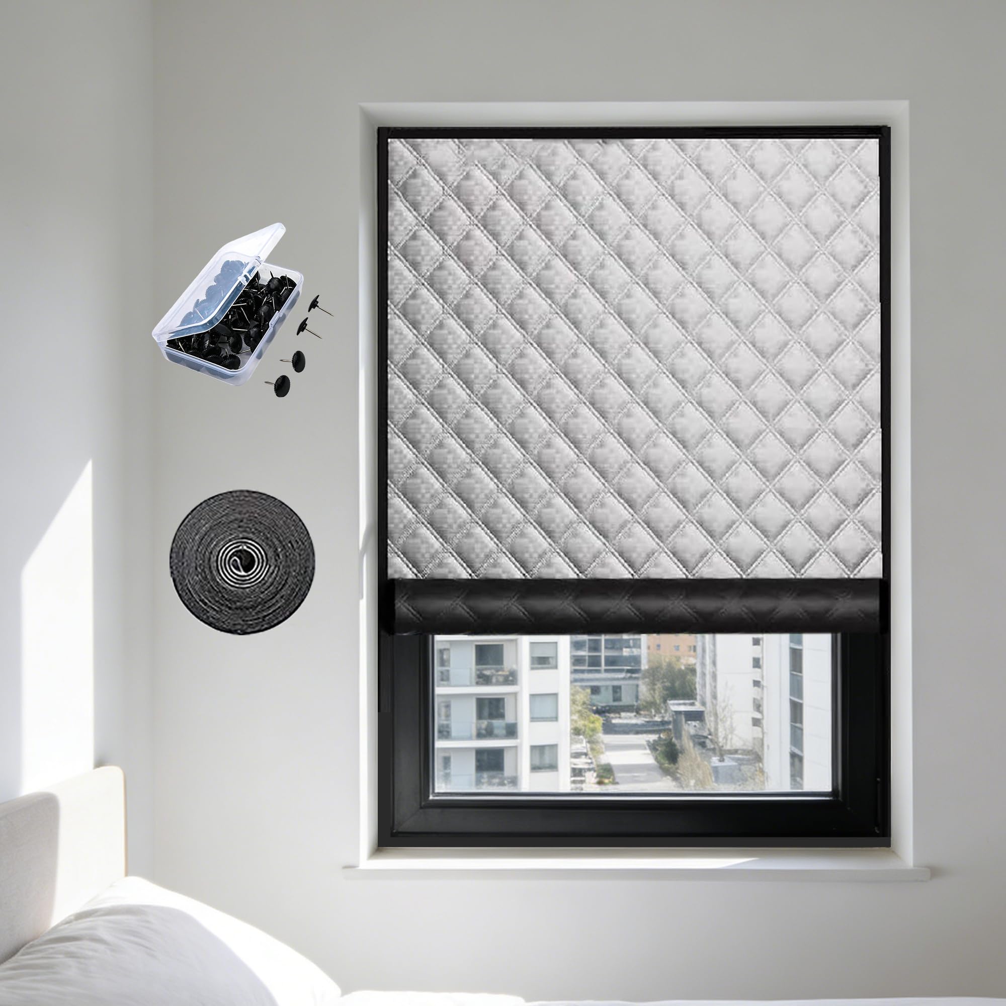 Fensterisolierungsset 90 x 225 cm Oxford Gewebe Dick Baumwollfüllung Wärmeschutzvorhang Fenster für Winter Maßanfertigung Möglich für Fenster Winterfest Machen, Silber