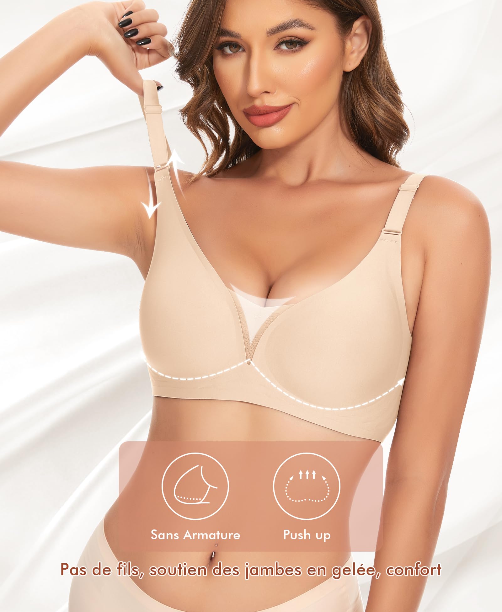 Ganado Soutien Gorge sans Armature Femme Brassière Push up Dentelle Col en V Profond Brassiere Classiques Bralette sans Coutures Coton