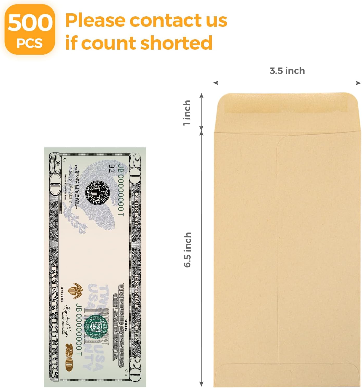 ACKO #7 Coin Money Envelopes for Cash 3 1/2 x 6 1/2 Small Envelope with Gummed Flap for Cash budgeting, gift or Money Saving, Brown Kraft Envelopes 500 Pack
