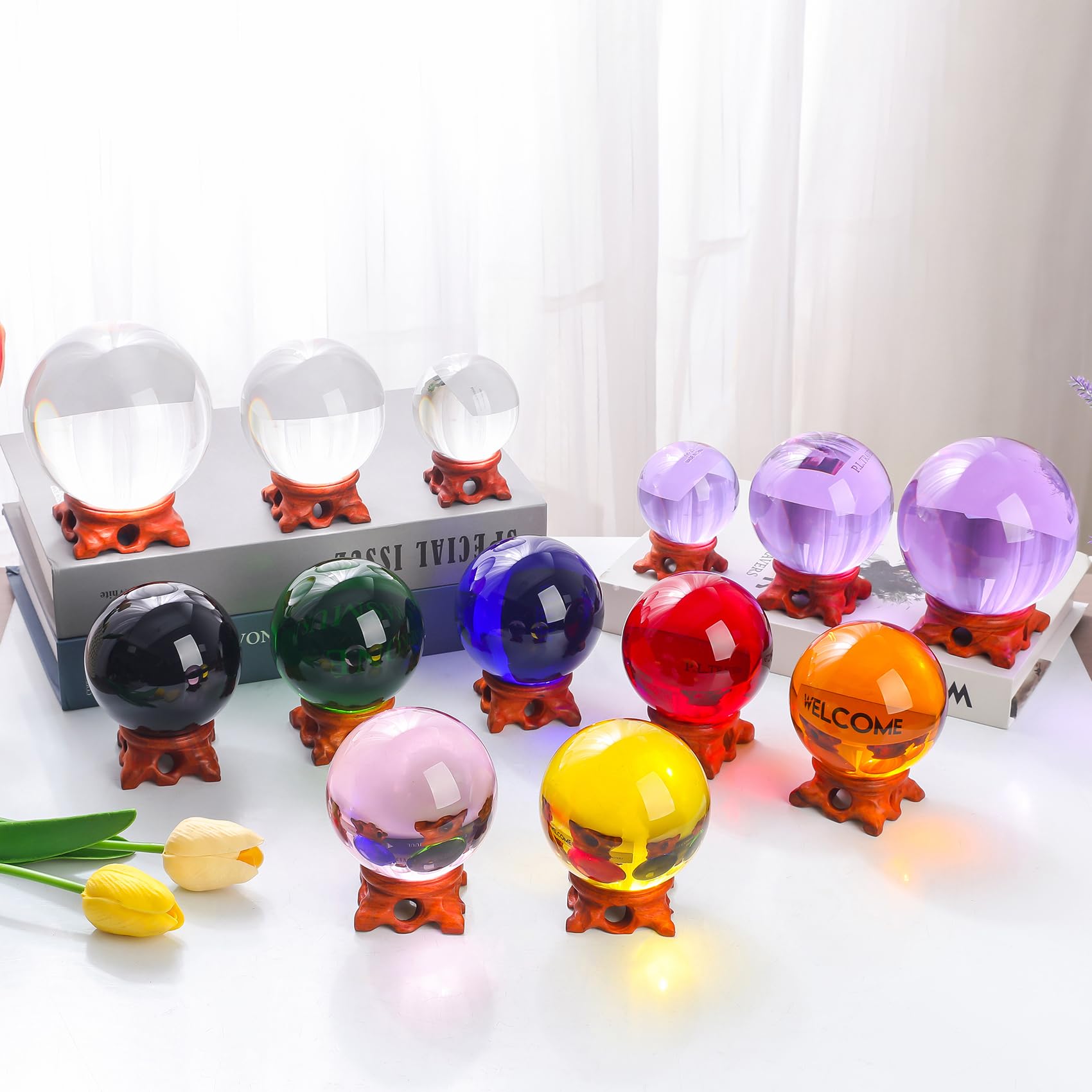 Modaier Sfera di cristallo viola da 80 mm con supporto in legno e confezione regalo per magia, fotografia con lenti, decorazione per la famiglia, indovino, Feng Shui, stregoneria, stregoneria,