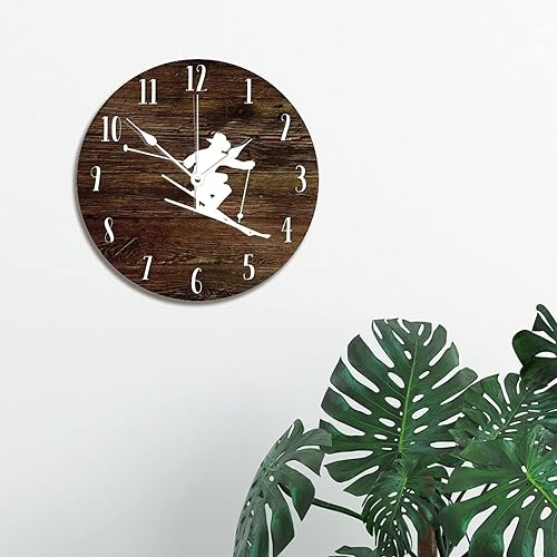 Miniatura 3 de ArogGeld Reloj de pared de esquí de madera, 10 pulgadas, silencioso, sin tictac, funciona con pilas, para sala de estar, dormitorio, cocina,