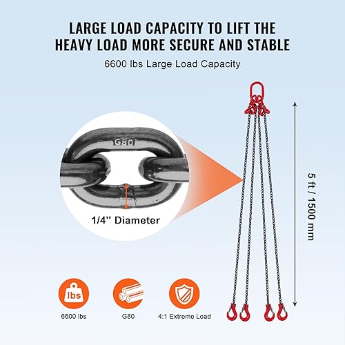 Miniatura 30 de VEVOR Eslinga de cadena, cadenas de elevación de 5/16 pulgadas x 5 pies con ganchos, elevadores de cadena de motor G80, cadenas de elevación