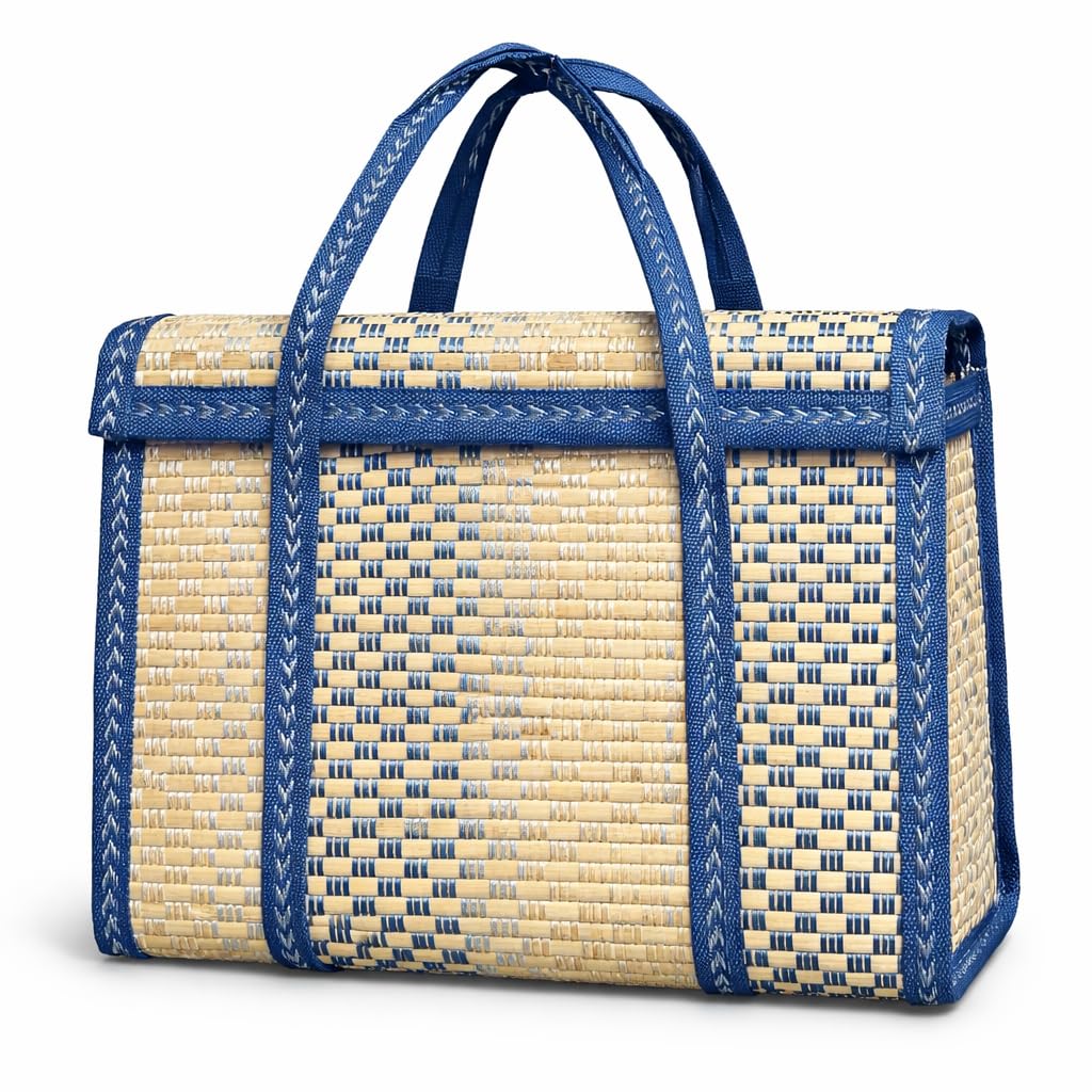 Woven Straw Beach Bag with Blue Trim - Handwoven Rattan Basket Tote with Double Handles - Natural Bamboo Summer Handbag for Women-image-1