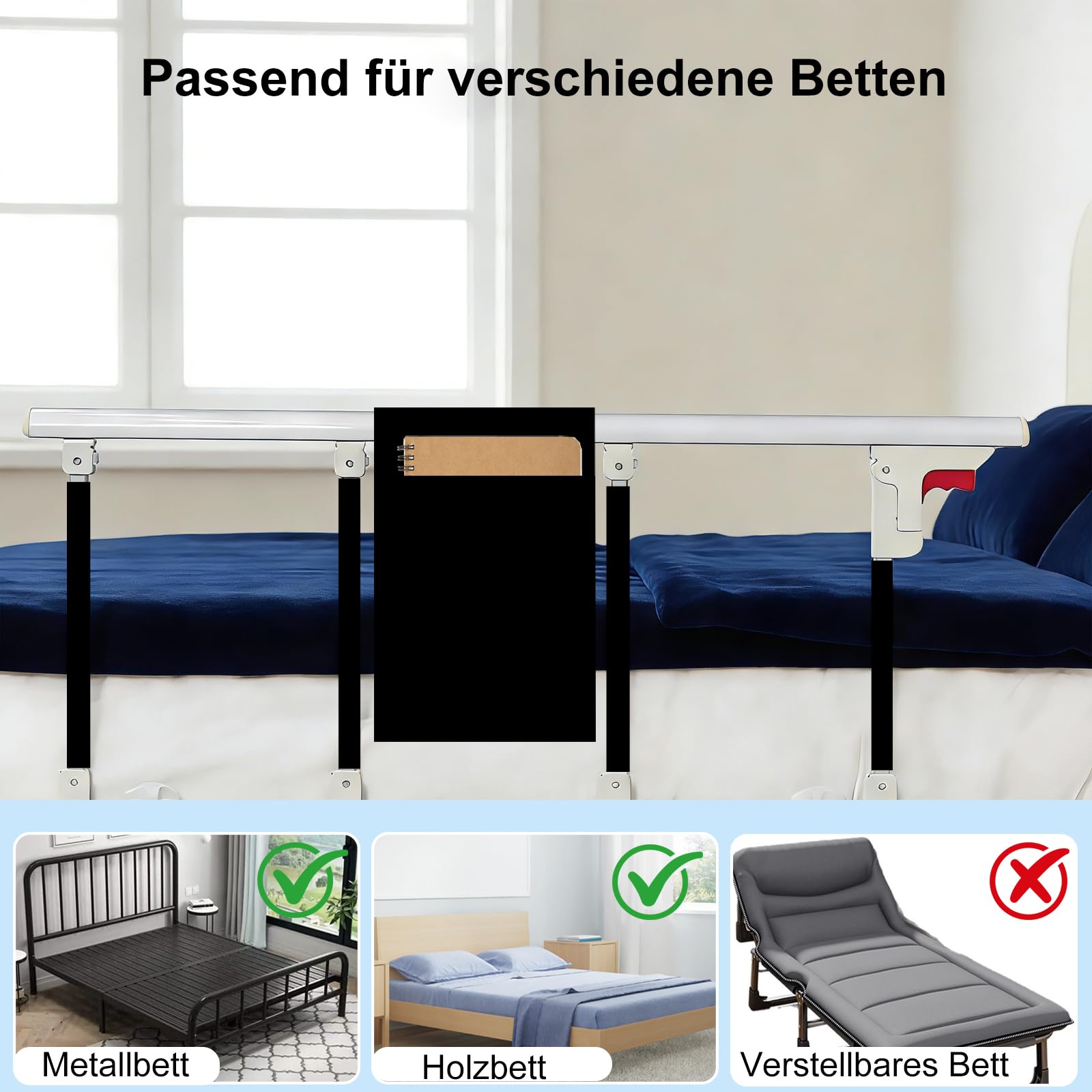 Faltbare Bettgitter-Sicherheits-Seitenschutz für ältere Menschen, Erwachsene unterstützen Griff Schutzgeländer-Handicap-Bettgeländer Krankenhaus, Mit Aufbewahrungsbeutel (Weiß, 96x40cm)