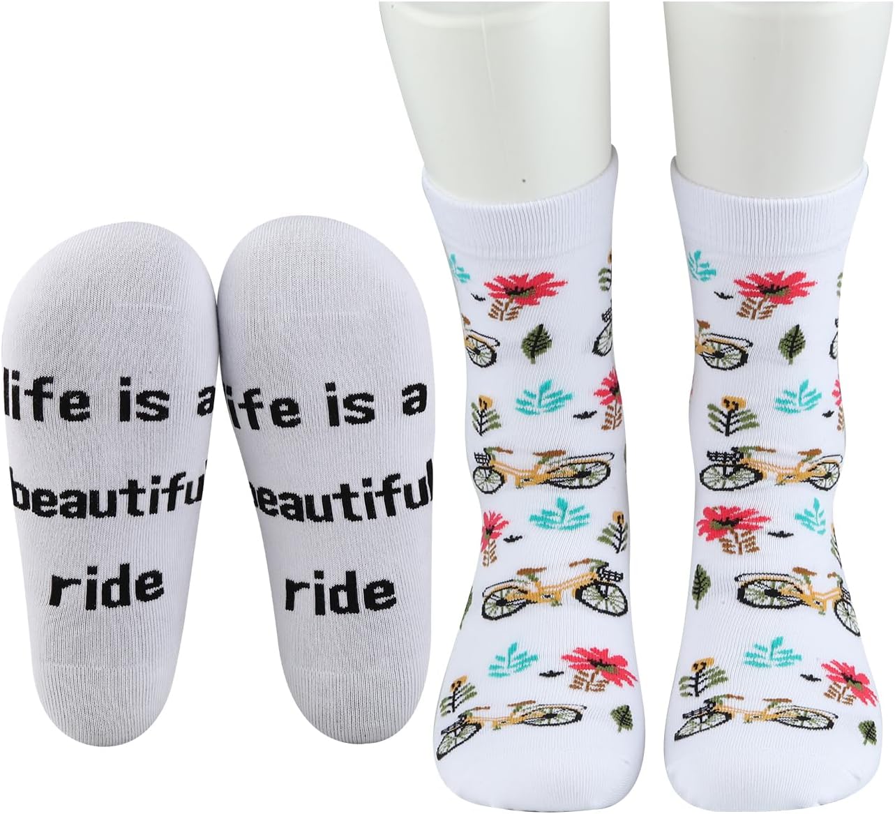 MBMSO Bike Rider Gift 2 Pairs Life is a Beautiful Ride Socks Bicycle Socks Bike Lovers Gifts Cycling Gift for Cyclists Biker