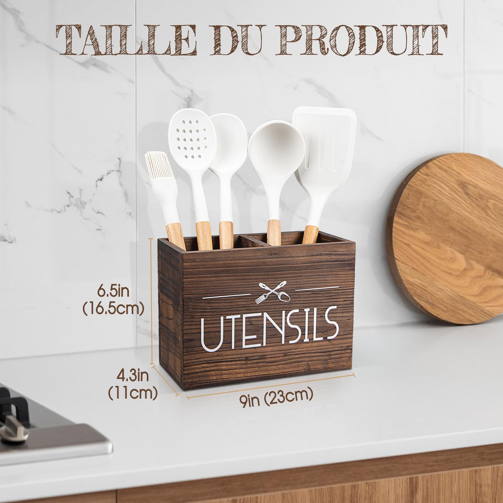 Suli Grand Support D'ustensiles De Cuisine à 2 Niveaux Avec 3 Compartiments, Organiseur D'ustensiles En Bois Blanc Pour Comptoir De Cuisine