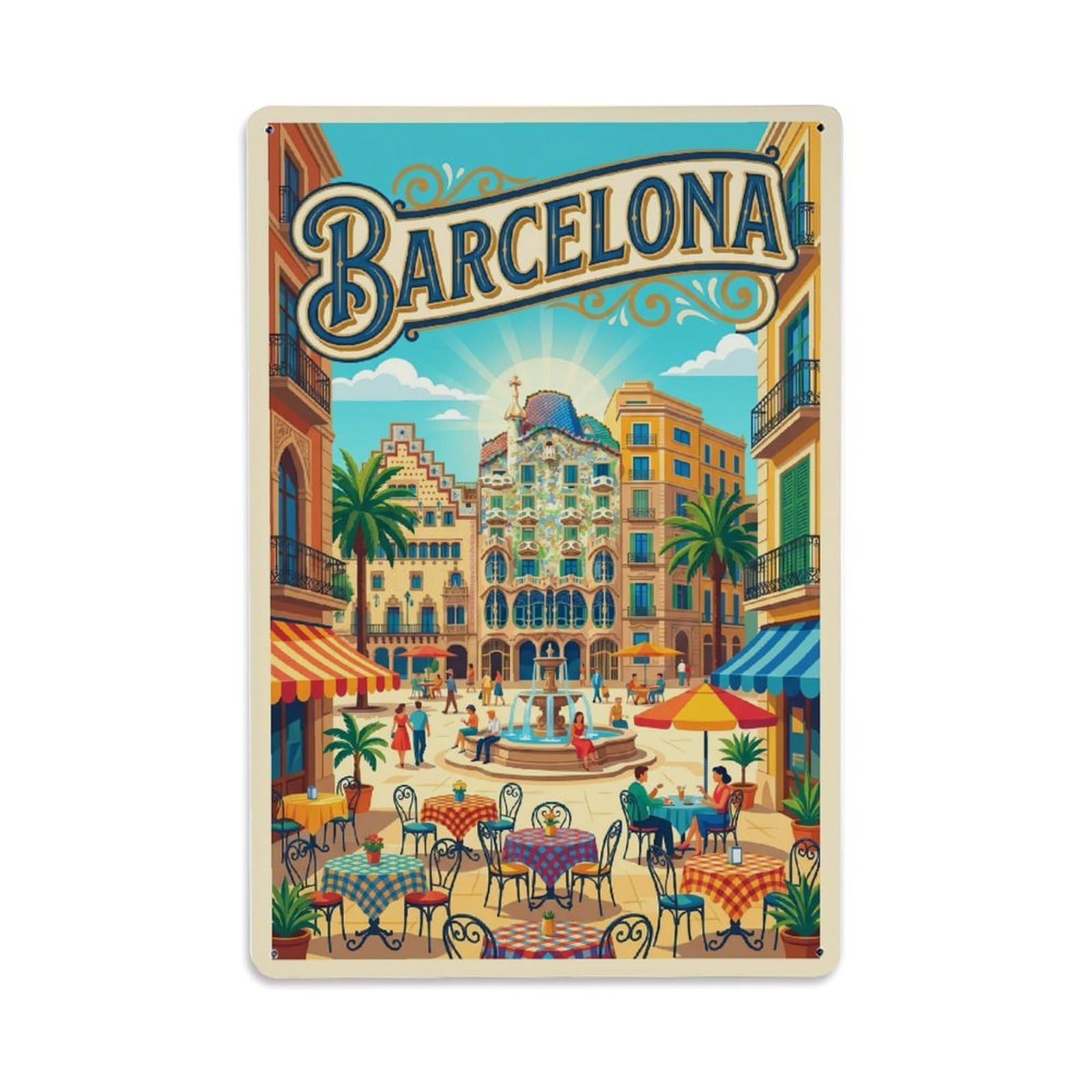 Vintage Travel Piazza Spain Sunlit Metal Tin Sign Plaque Wall Decor for Cafe, Club Bar, Office, Home Garden Metal Poster 8x12Inch