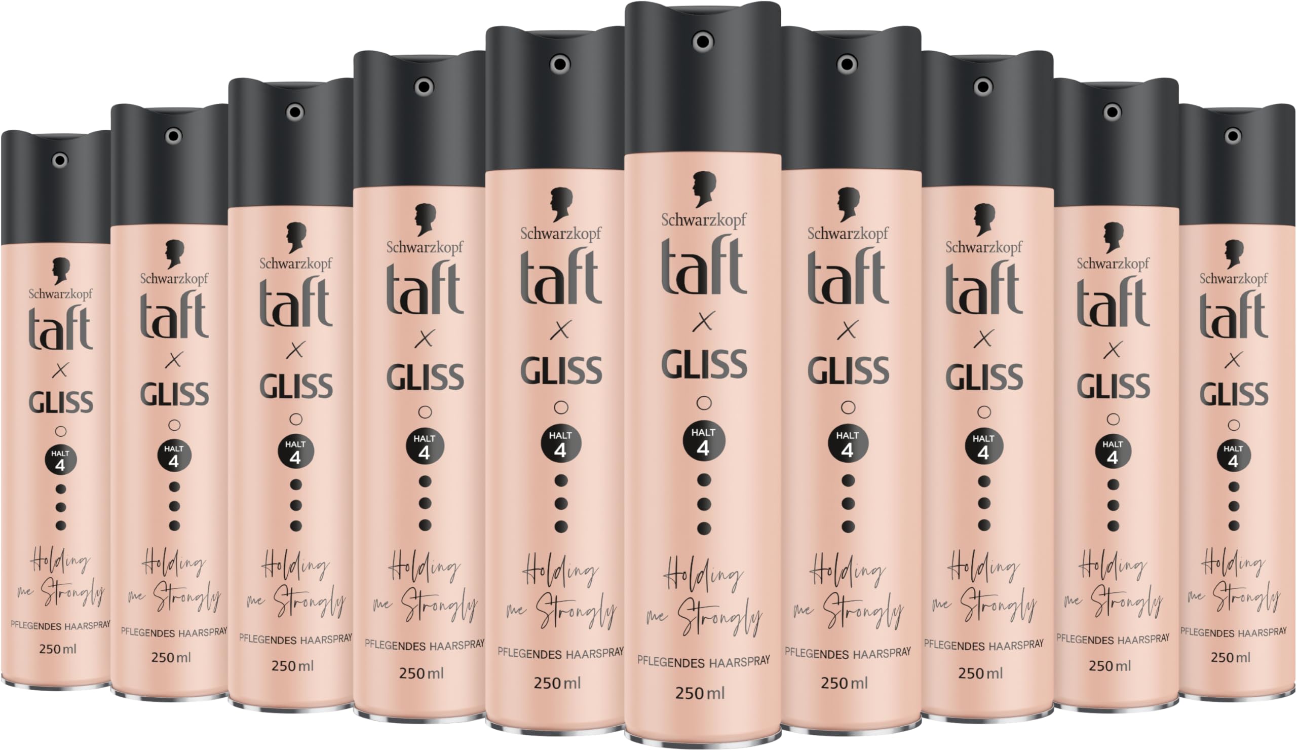 Taft x Gliss Holding me Strongly Haarspray Haltegrad 4 (10 x 250 ml), Styling Spray gibt starken Halt für alle Haartypen, Haarspray ohne Silikone mit Arganöl und Provitamin B5