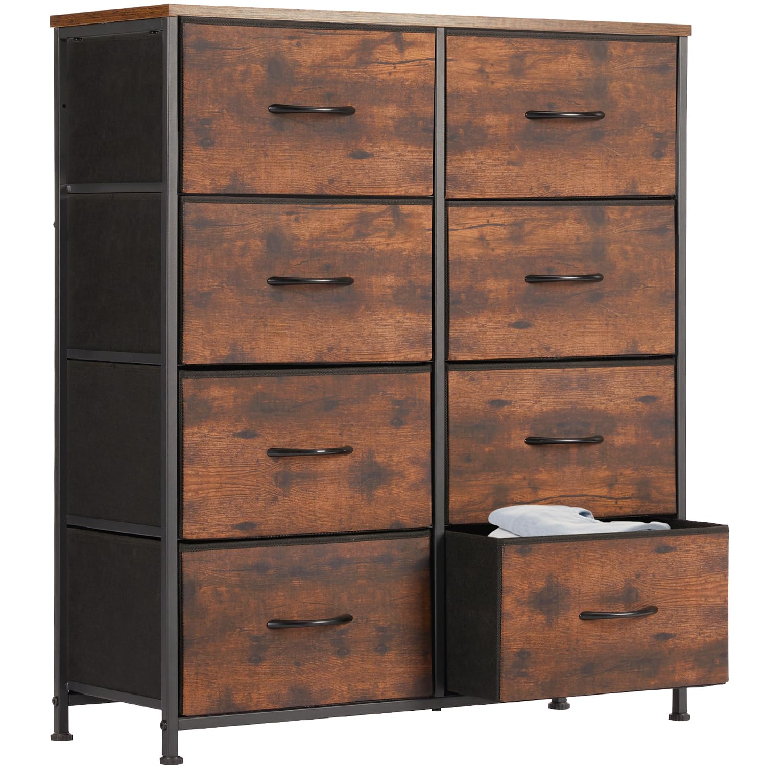 DUMOS Kommode für Schlafzimmer mit 8 Stoffschubladen hohe Kommode Organizer für Kleidung Schrank Kinderzimmer Aufbewahrungsturm mit Schrank Metallrahmen Holzplatte leichte Kinderzimmermöbel
