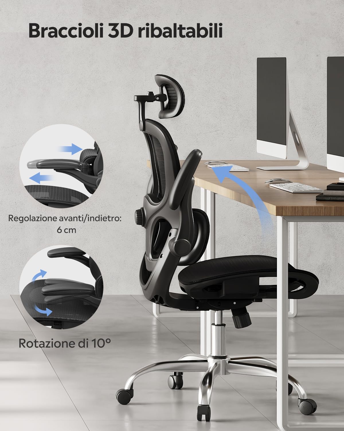 DEVAISE Sedia da Ufficio Ergonomica con Schienale Traspirante a Sezioni, Poggiatesta 3D Regolabile, Braccioli Regolabili, Supporto Lombare, Funzione Dondolo, Sedia Ergonomica per Home Office, Nero