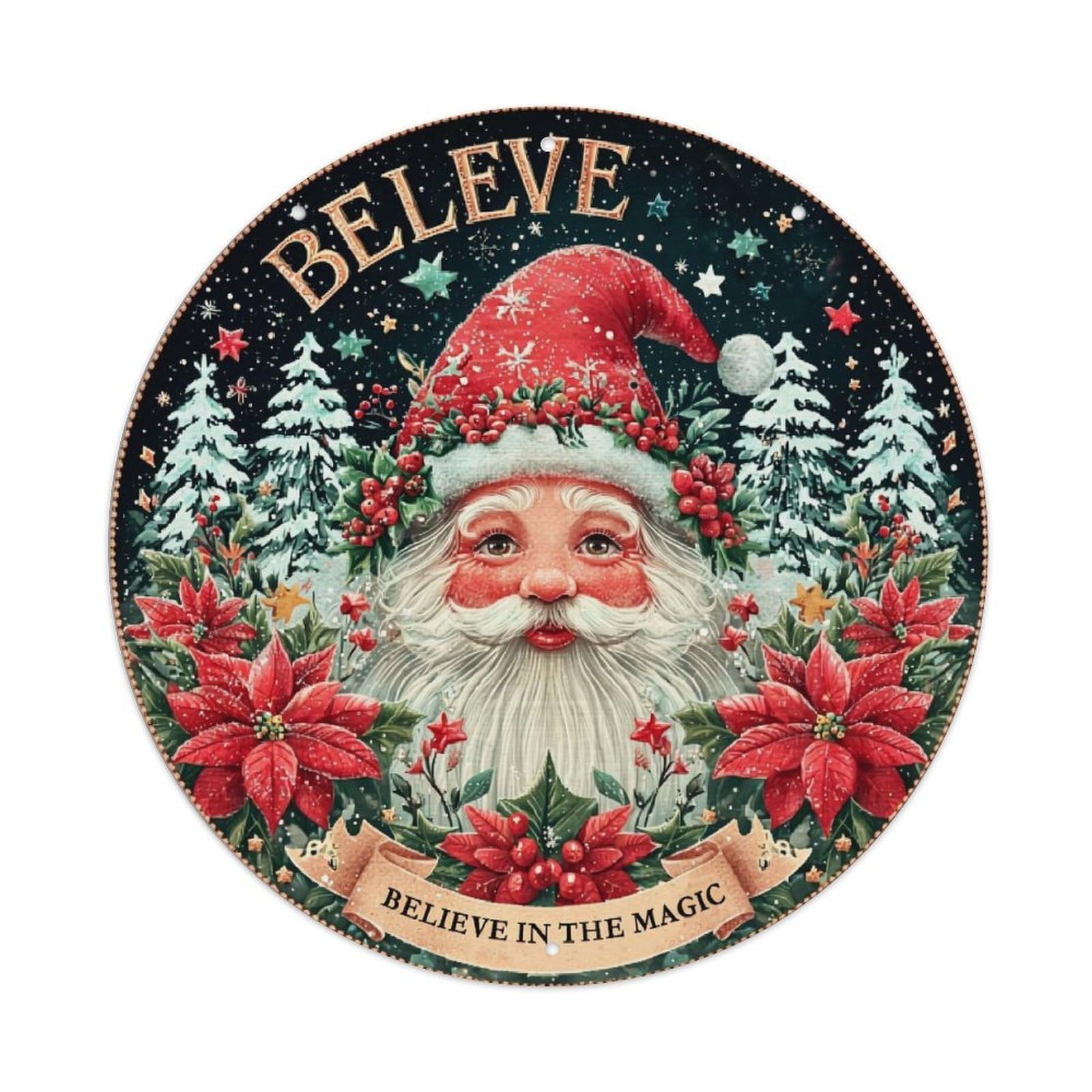 Believe In The Magic Santa Vintage Metal Tin Sign Retro Wall Decor for Home Bar Garage Cafe, Indoor & Outdoor Decorative，circle Metal Poster, 8x8 Inch