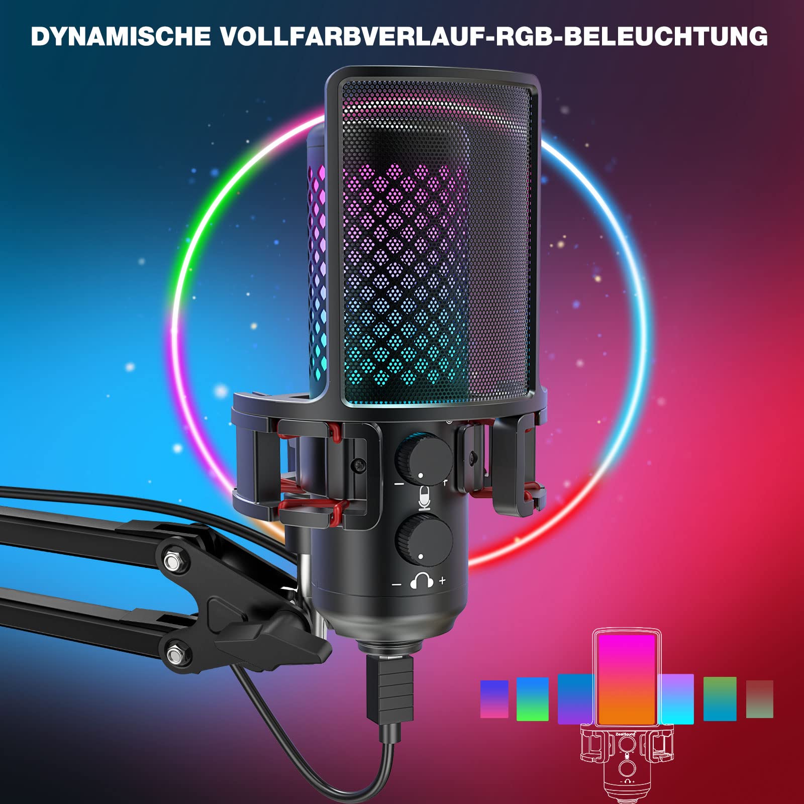 zealsound USB Mikrofon für PC & Handy, Gaming & Streaming, RGB Kondensator Mikrofon mit Mute, Gain & Echtzeit Monitoring, Ganzmetall Tischmikrofon für Podcast, Discord, Zoom & YouTube, Windows Mac