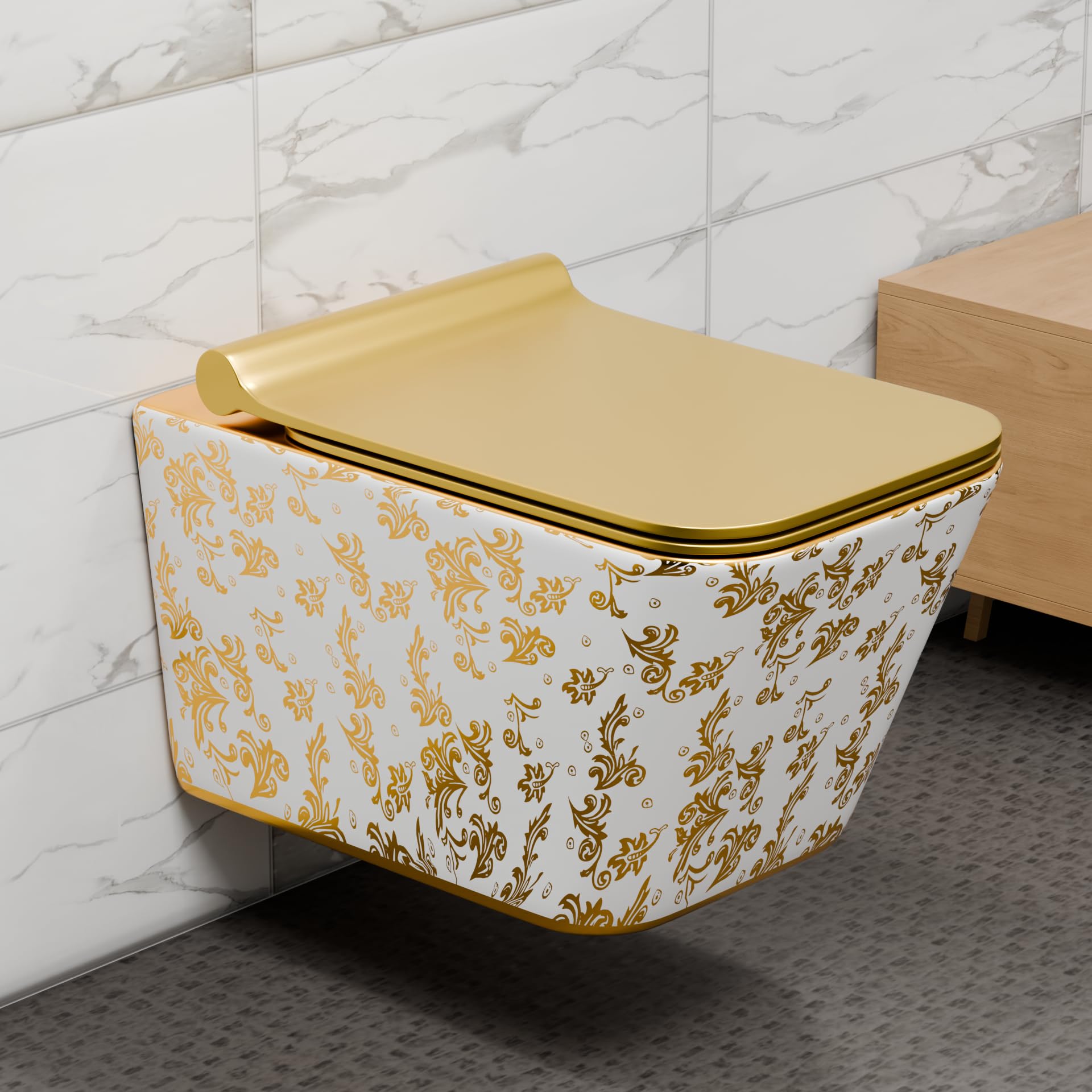 InArt Ceramic Wall Hung Toilet Commode, Gold Rimless, Soft Close, P-Trap | Compact square design, size 53 x 36 x 35 cm, suitable for concealed flush tank-image-26