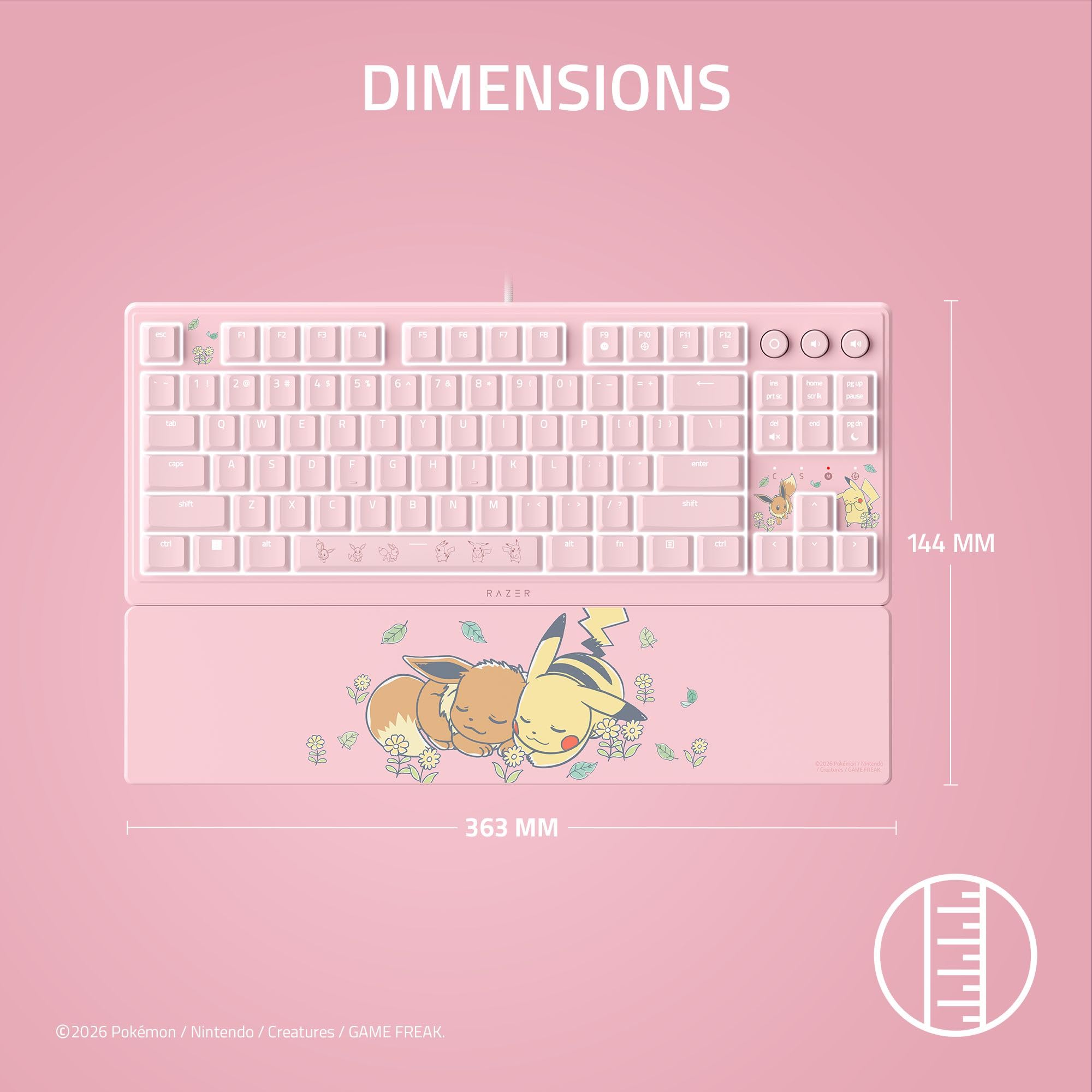 Razer Ornata V3 Tenkeyless Pokémon Pikachu & Eevee - Kompaktowa, płaska klawiatura do gier - Podświetlenie Chroma - Dedykowane multimedialne - klawiszy US QWERTY | Switch membranowe