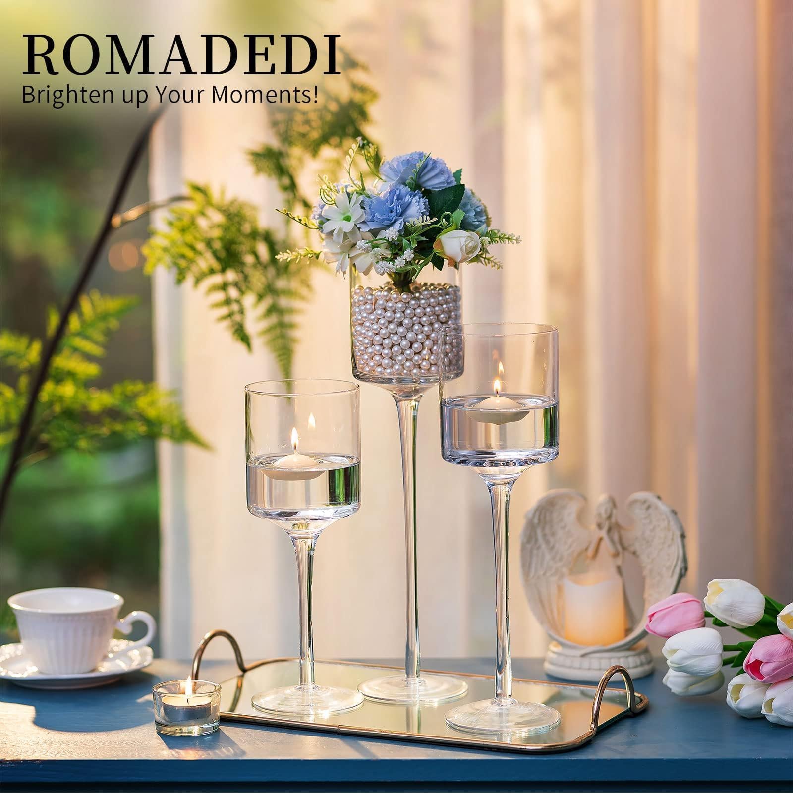 Romadedi Porta Candele Vetro Portacandele Alto - da Tavolo Porta Tealight Set di 3 Portalumini Moderno Design per Centrotavola Decorazioni per la Casa Natalizio Nozze 20/23/26 cm