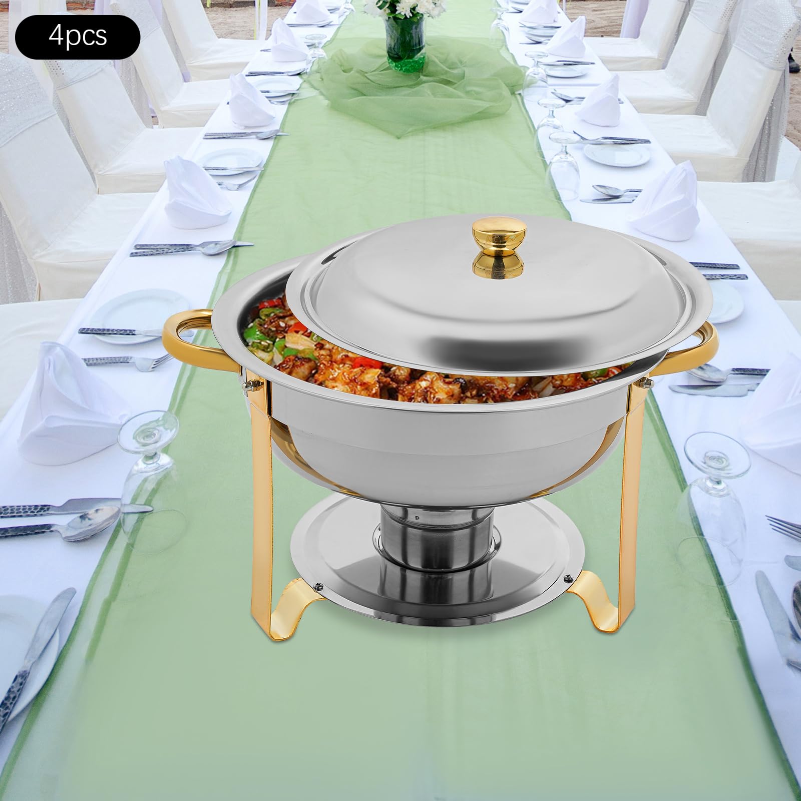 Chafing Dish Buffet, set di 4 scaldavivande da 4,5 l, in acciaio inox, per alimenti, rotondi, per catering, argento e oro, con coperchio, serbatoio dell'acqua e porta combustibile