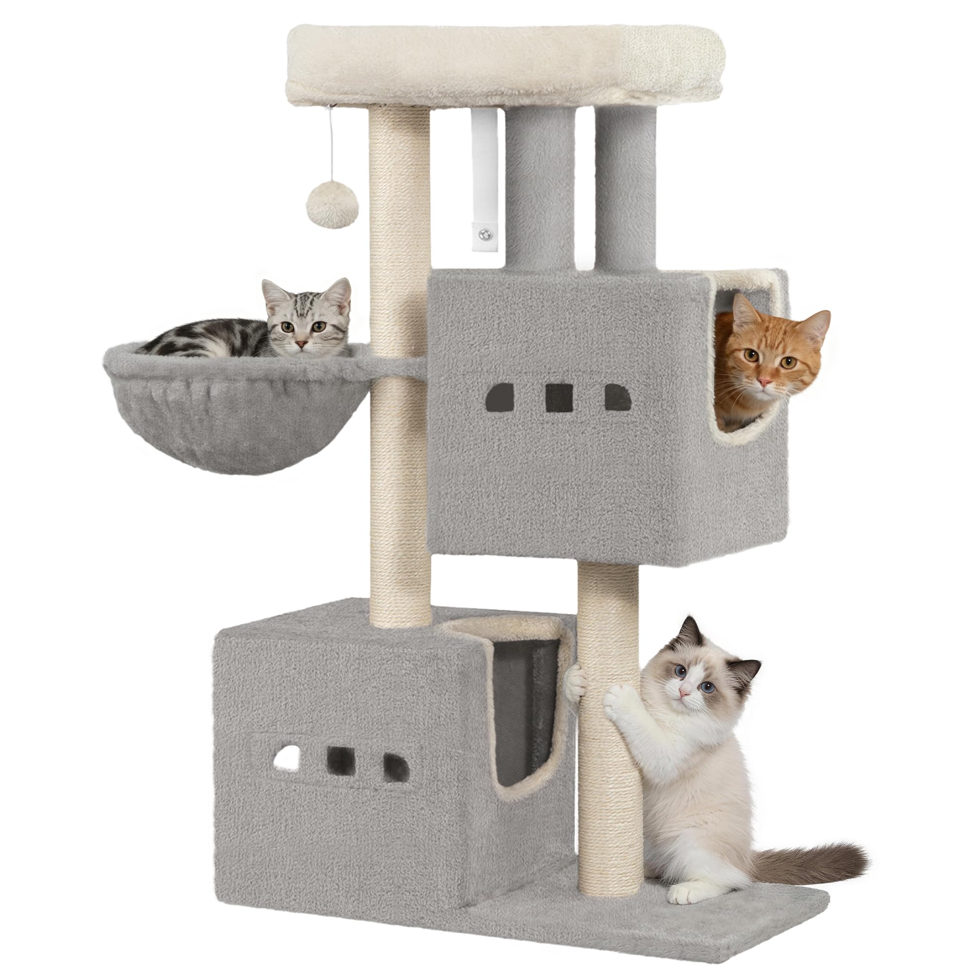 Hzuaneri Cat Tree, 112 cm Tower, Sisal Scratching Post, Cats Tower for Indoor, Multi-Level Stable Cat Tree with Cats House, 2 Caves, Pompoms, Light Grey MS11218LG โ image 1